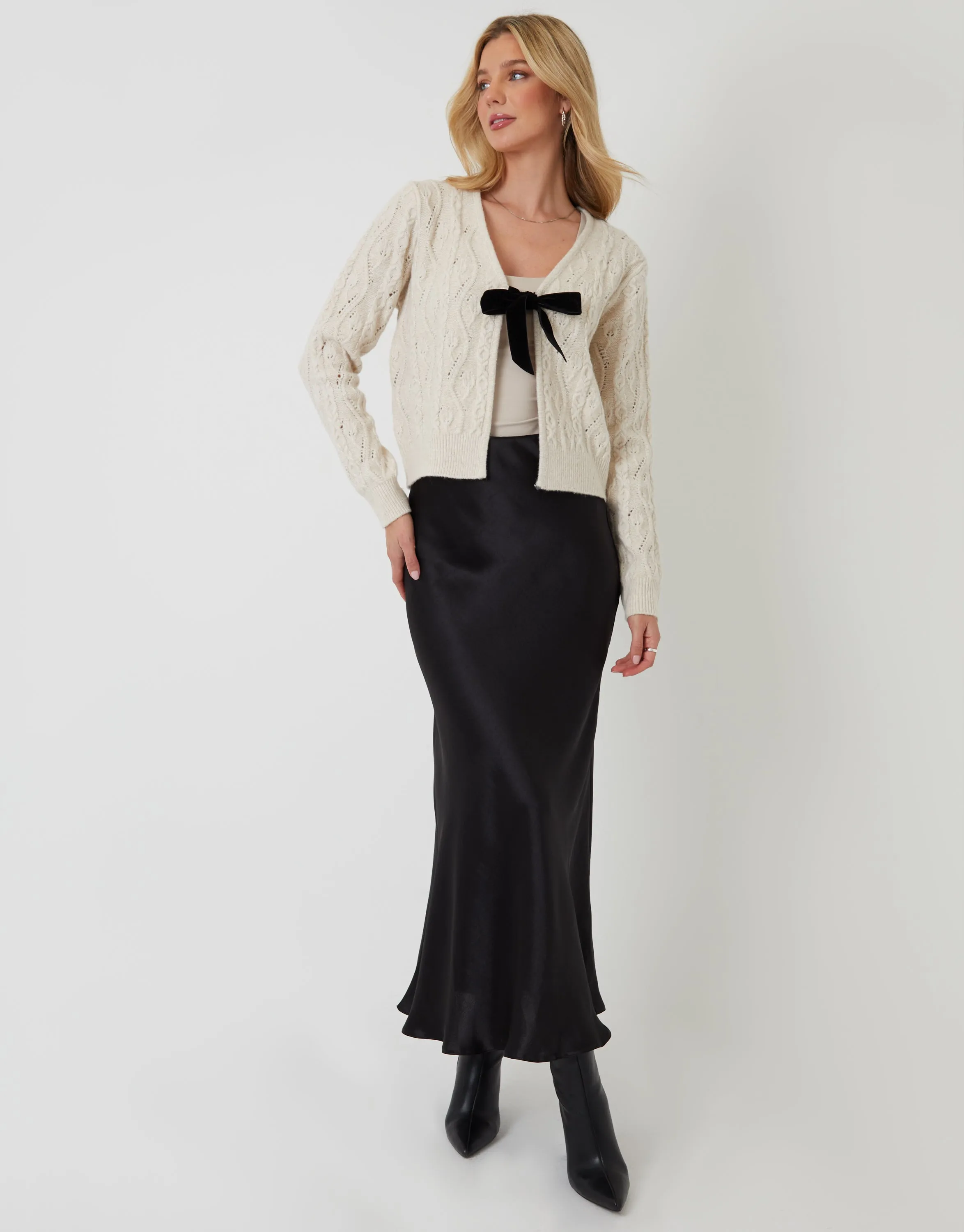 Cream Cable Knit Velvet Bow Detail Cardigan sold by Threadbare product image thumbnail 4