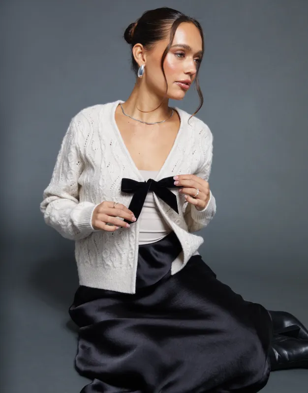 Cream Cable Knit Velvet Bow Detail Cardigan sold by Threadbare