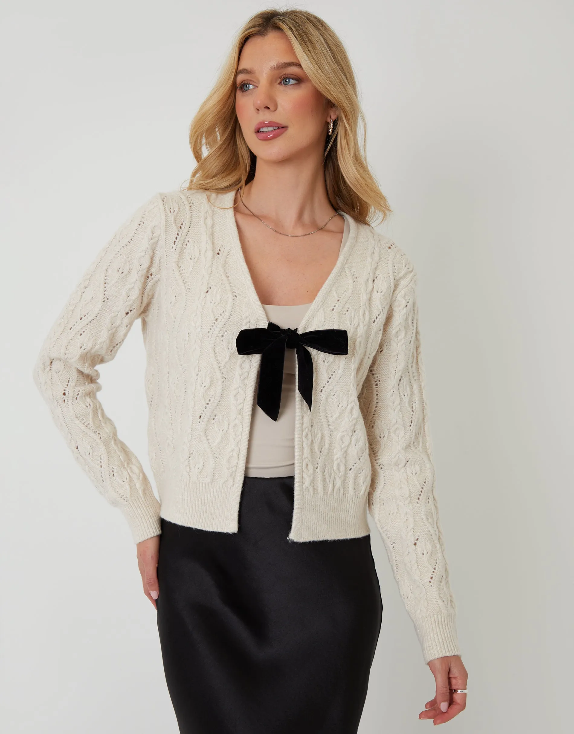 Cream Cable Knit Velvet Bow Detail Cardigan sold by Threadbare product image thumbnail 2