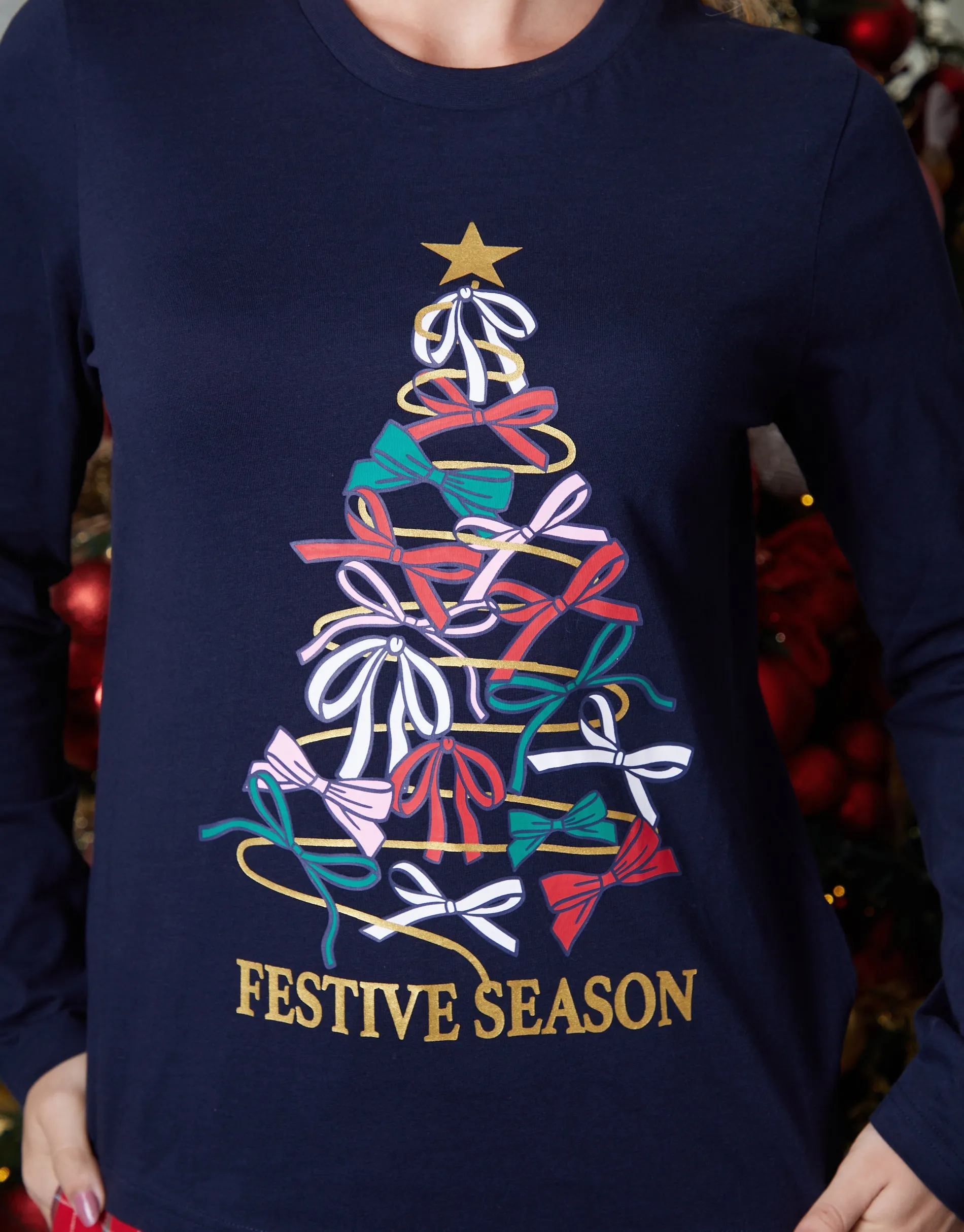 Navy Christmas Tree Graphic Long Pyjamas (2-Piece Set) sold by Threadbare product image thumbnail 4