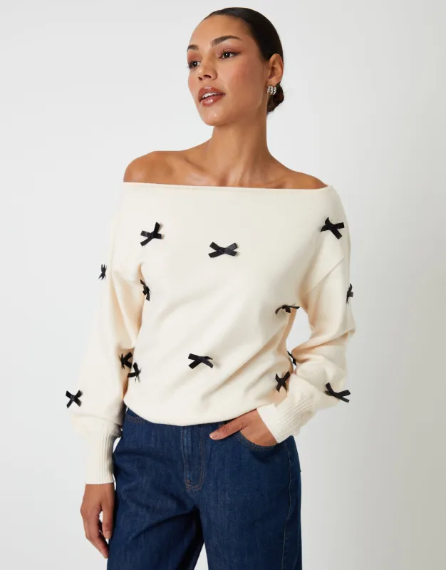 Cream Bow Embellished Slash Neck Jumper sold by Threadbare