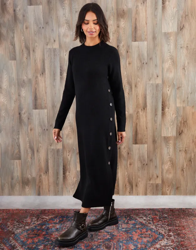 Black Knitted Side Button Detail Maxi Dress sold by Threadbare