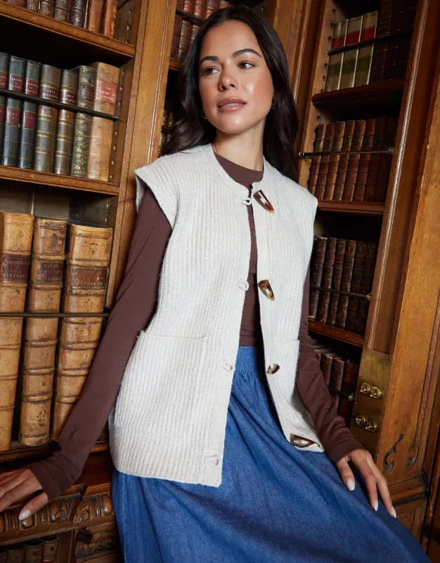 Cream Toggle Detail Chunky Knit Vest sold by Threadbare