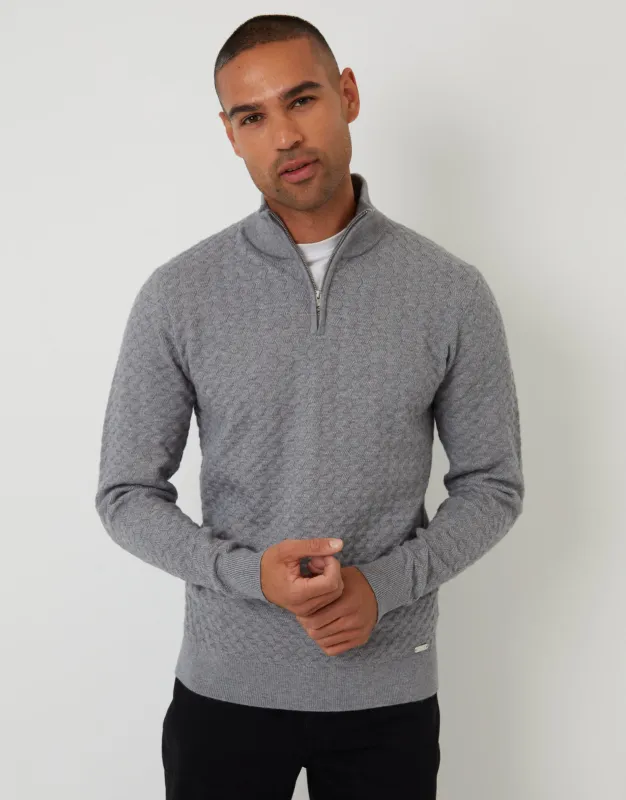 Grey Textured Cable Knit Quarter Zip Jumper sold by Threadbare