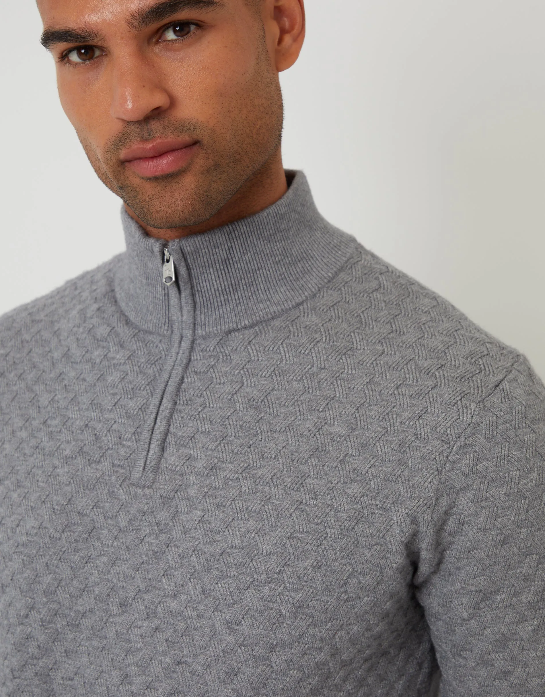 Grey Textured Cable Knit Quarter Zip Jumper sold by Threadbare product image thumbnail 4
