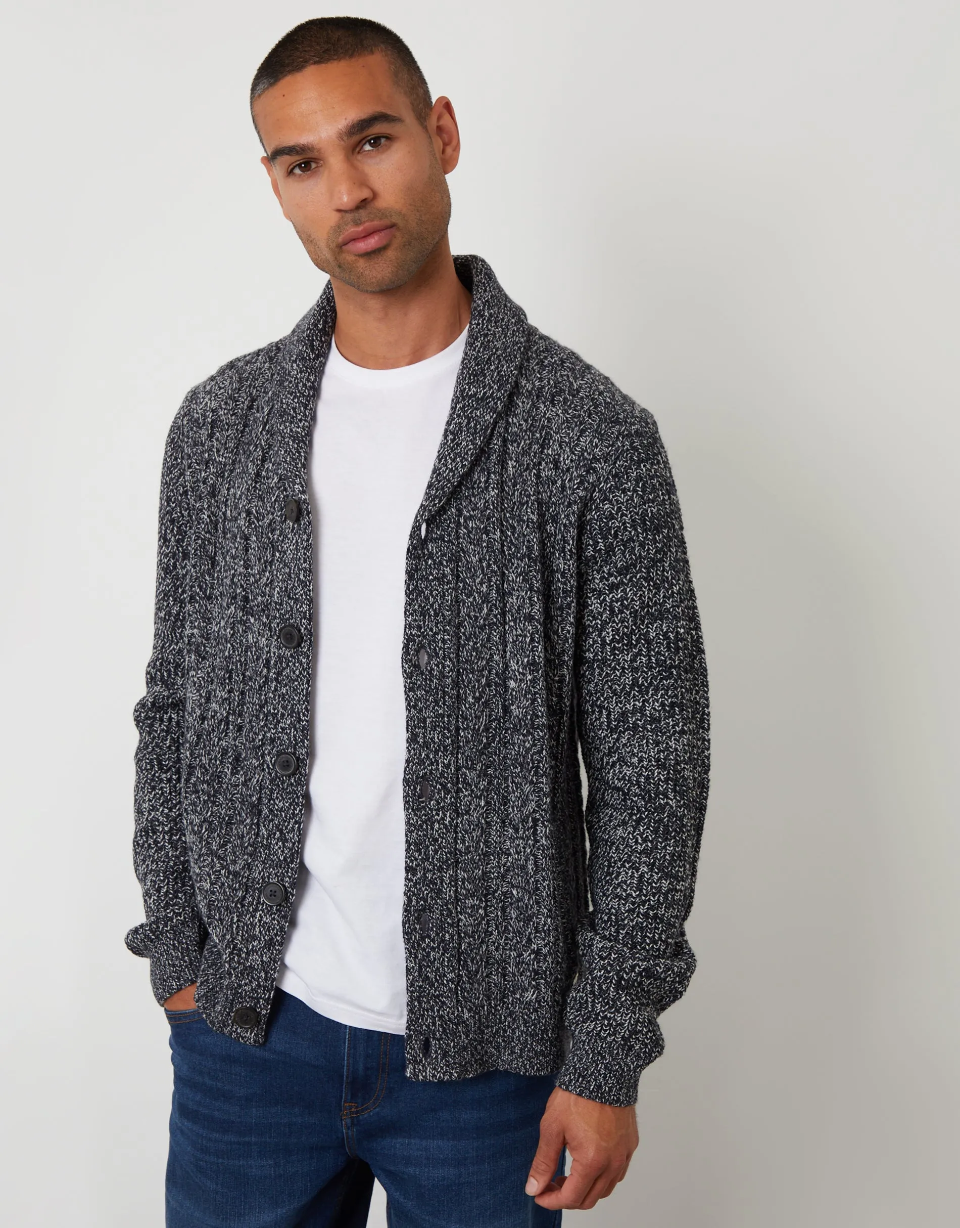 Navy & Ecru Cable Knit Shawl Cardigan sold by Threadbare