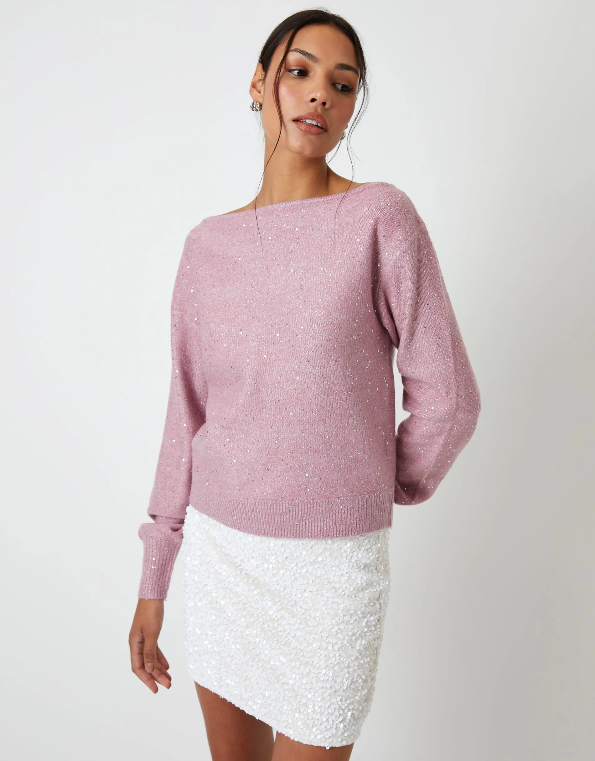 Pink Knitted Sequin Slash Neck Jumper sold by Threadbare product image thumbnail 4