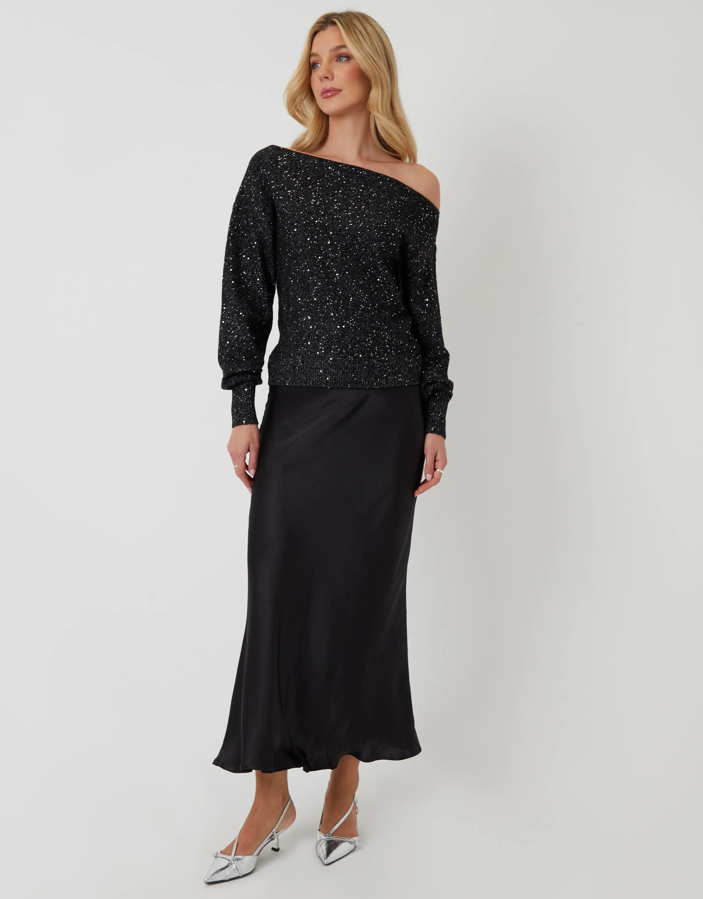 Black Knitted Sequin Slash Neck Jumper sold by Threadbare product image thumbnail 4