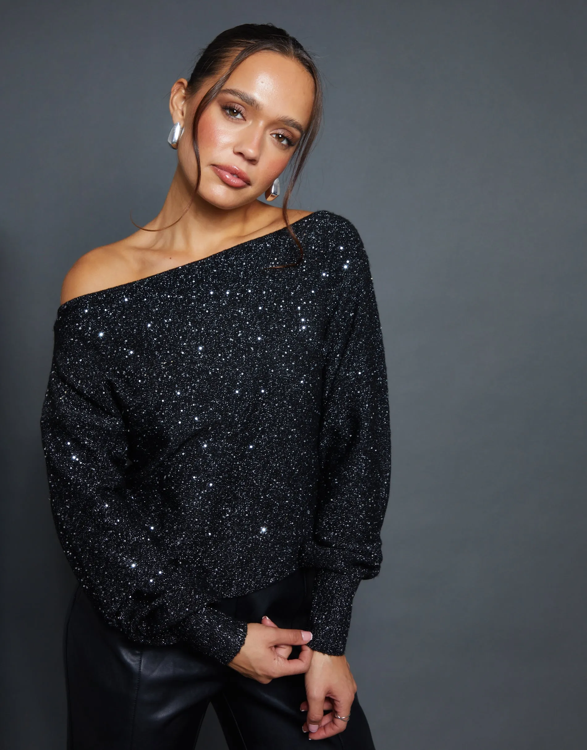 Black Knitted Sequin Slash Neck Jumper sold by Threadbare