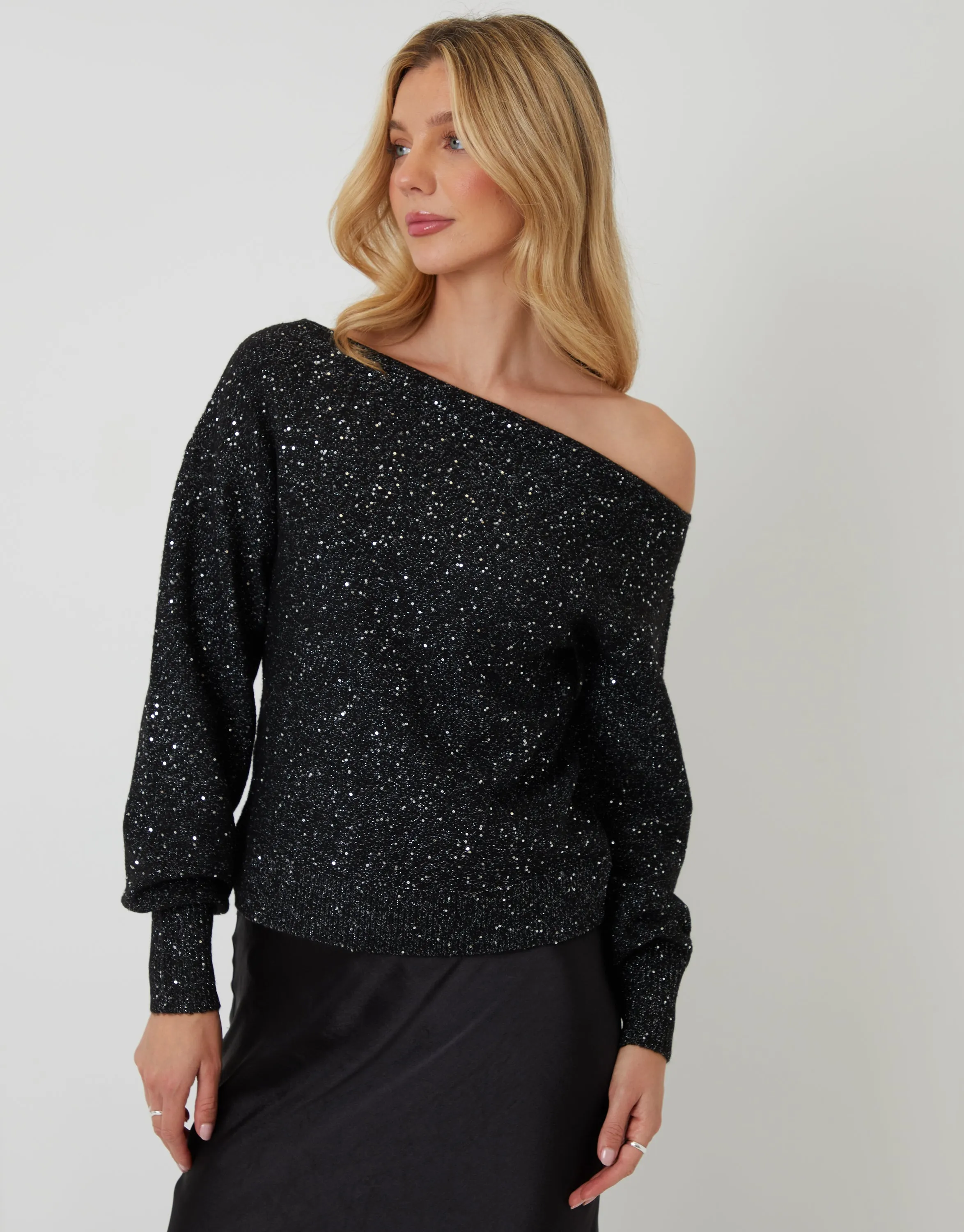 Black Knitted Sequin Slash Neck Jumper sold by Threadbare product image thumbnail 2