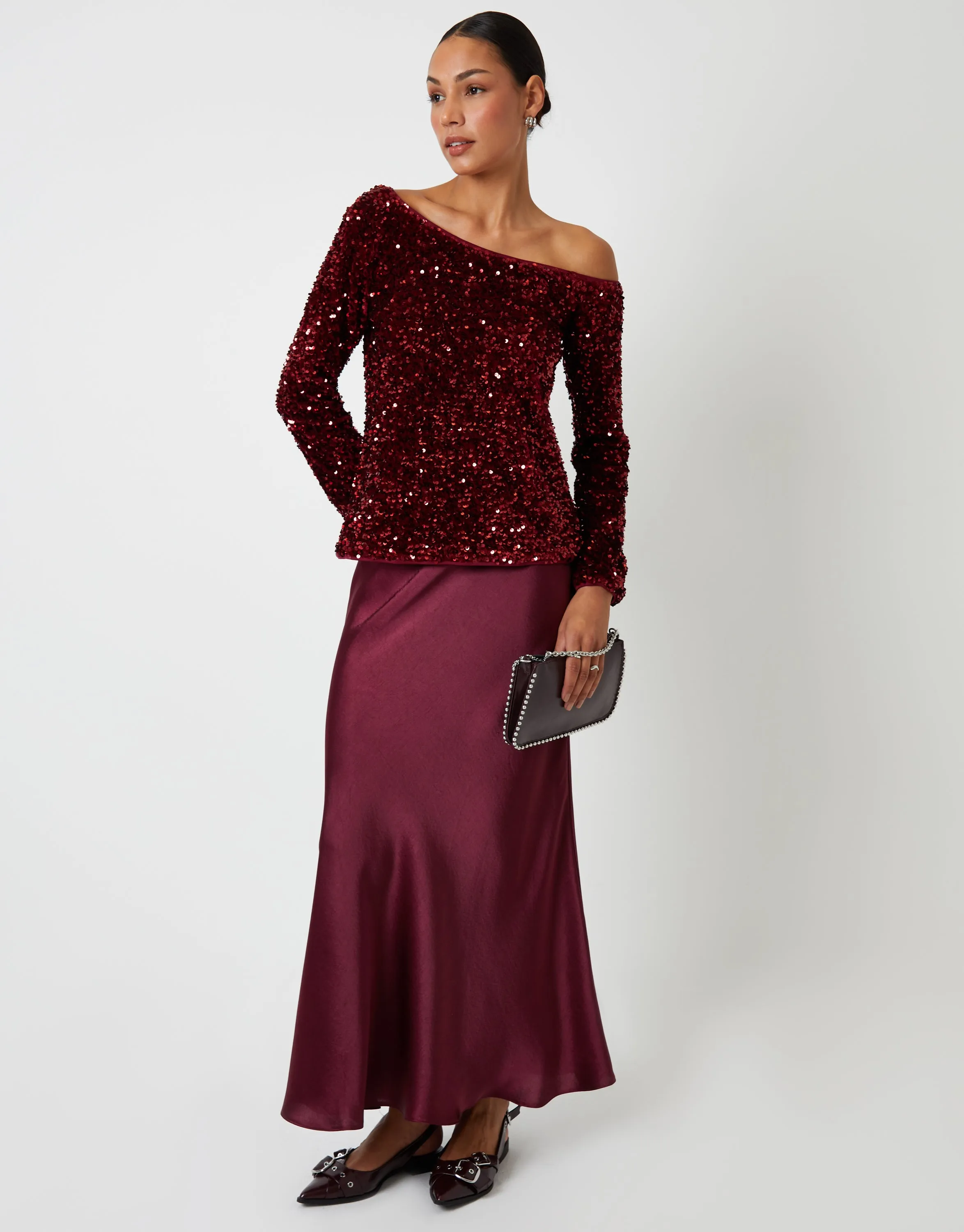 Berry Red Sequin Velour Long Sleeve Slash Neck Top sold by Threadbare product image thumbnail 4