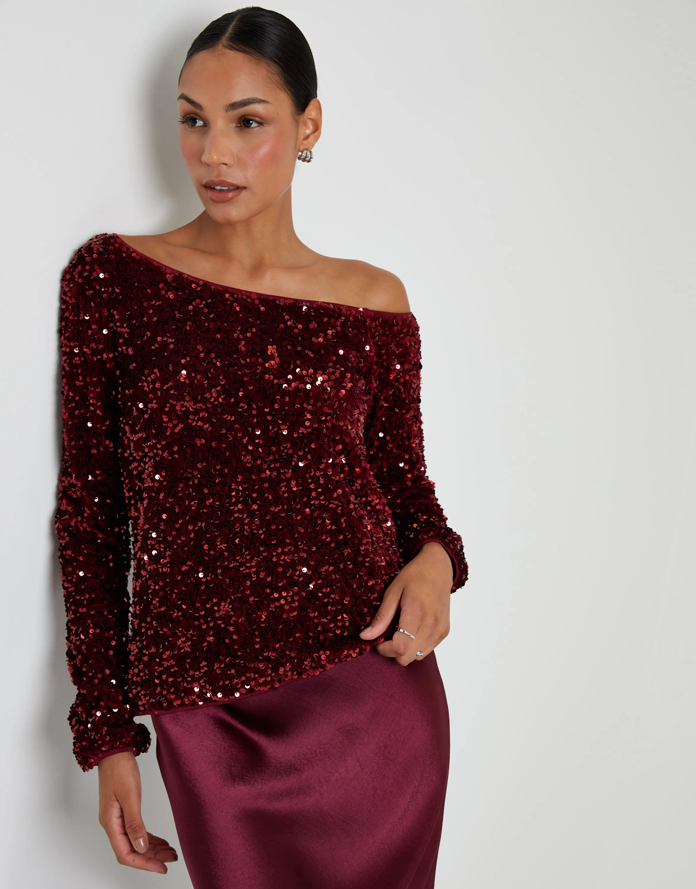 Berry Red Sequin Velour Long Sleeve Slash Neck Top sold by Threadbare product image thumbnail 2