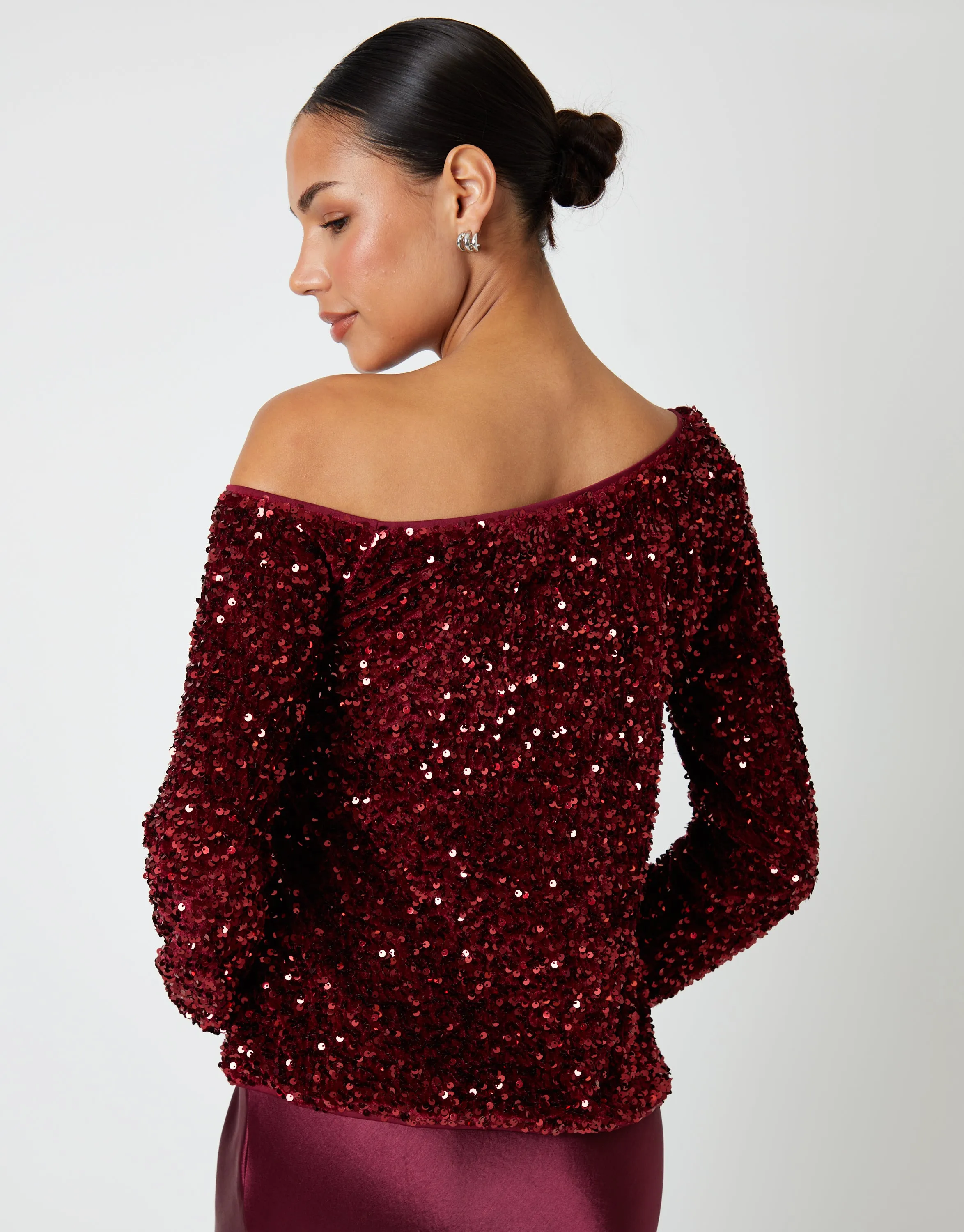 Berry Red Sequin Velour Long Sleeve Slash Neck Top sold by Threadbare product image thumbnail 3