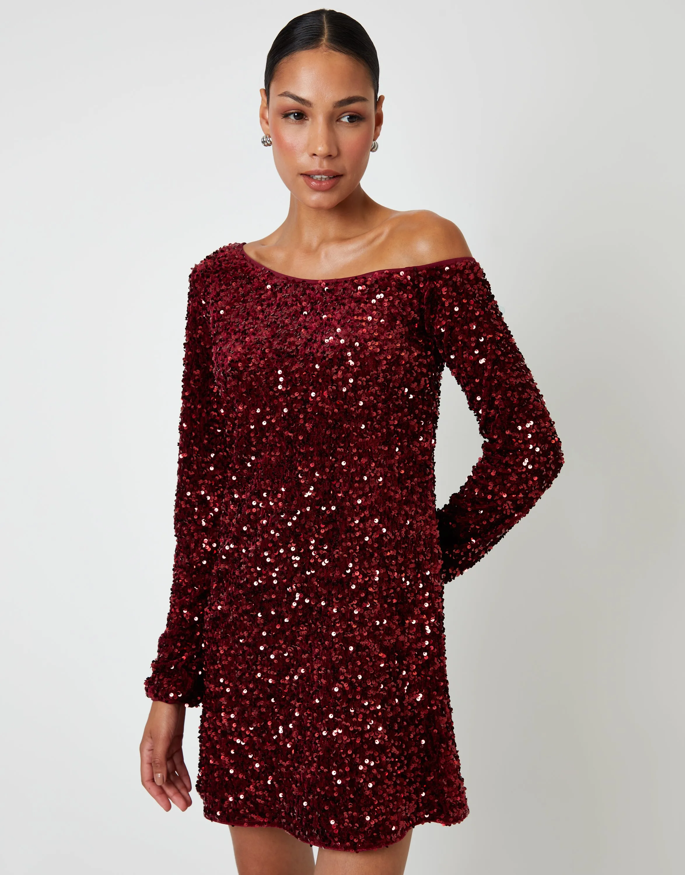 Berry Red Sequin Velour Slash Neck Mini Dress sold by Threadbare product image thumbnail 2