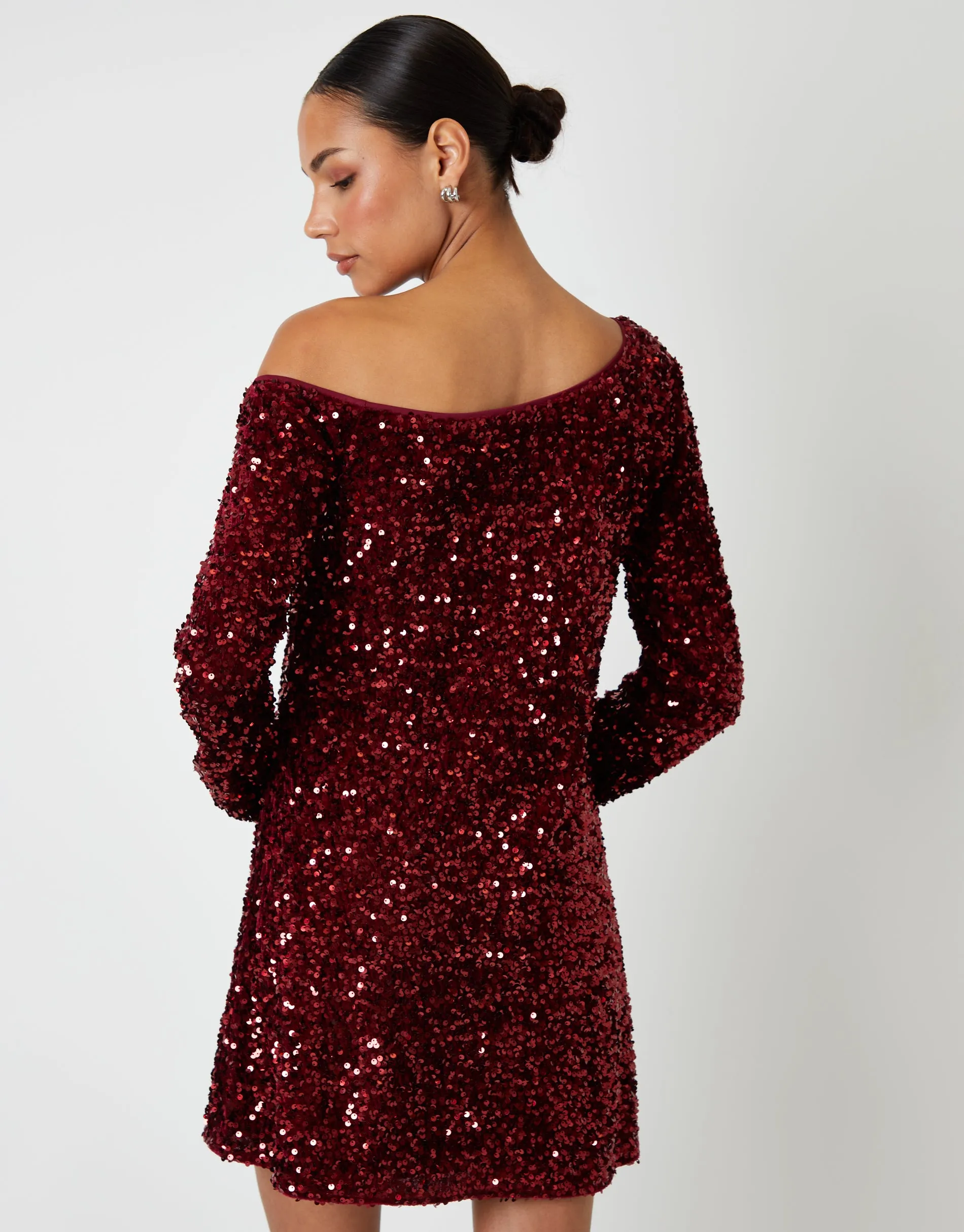Berry Red Sequin Velour Slash Neck Mini Dress sold by Threadbare product image thumbnail 3