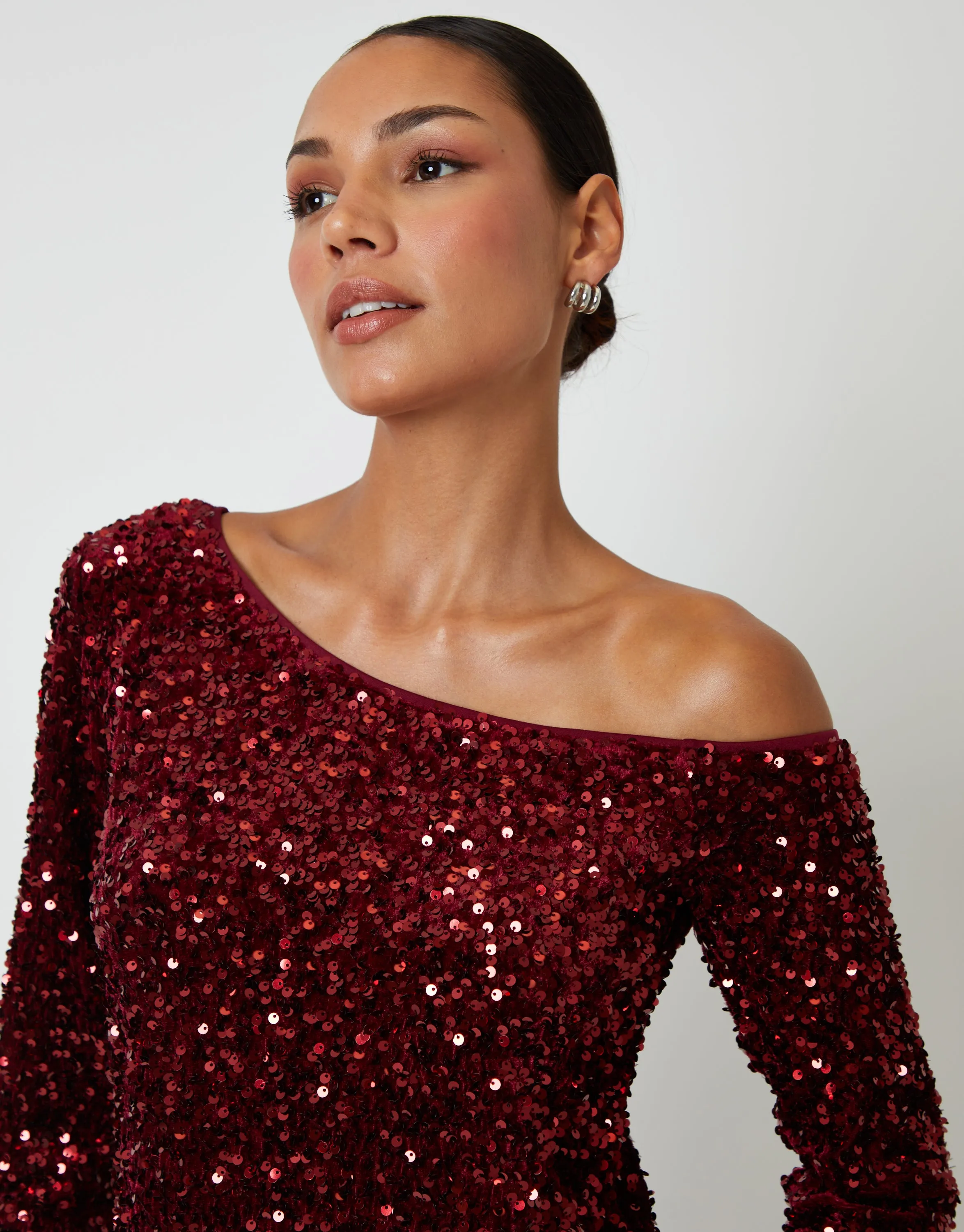Berry Red Sequin Velour Slash Neck Mini Dress sold by Threadbare product image thumbnail 5