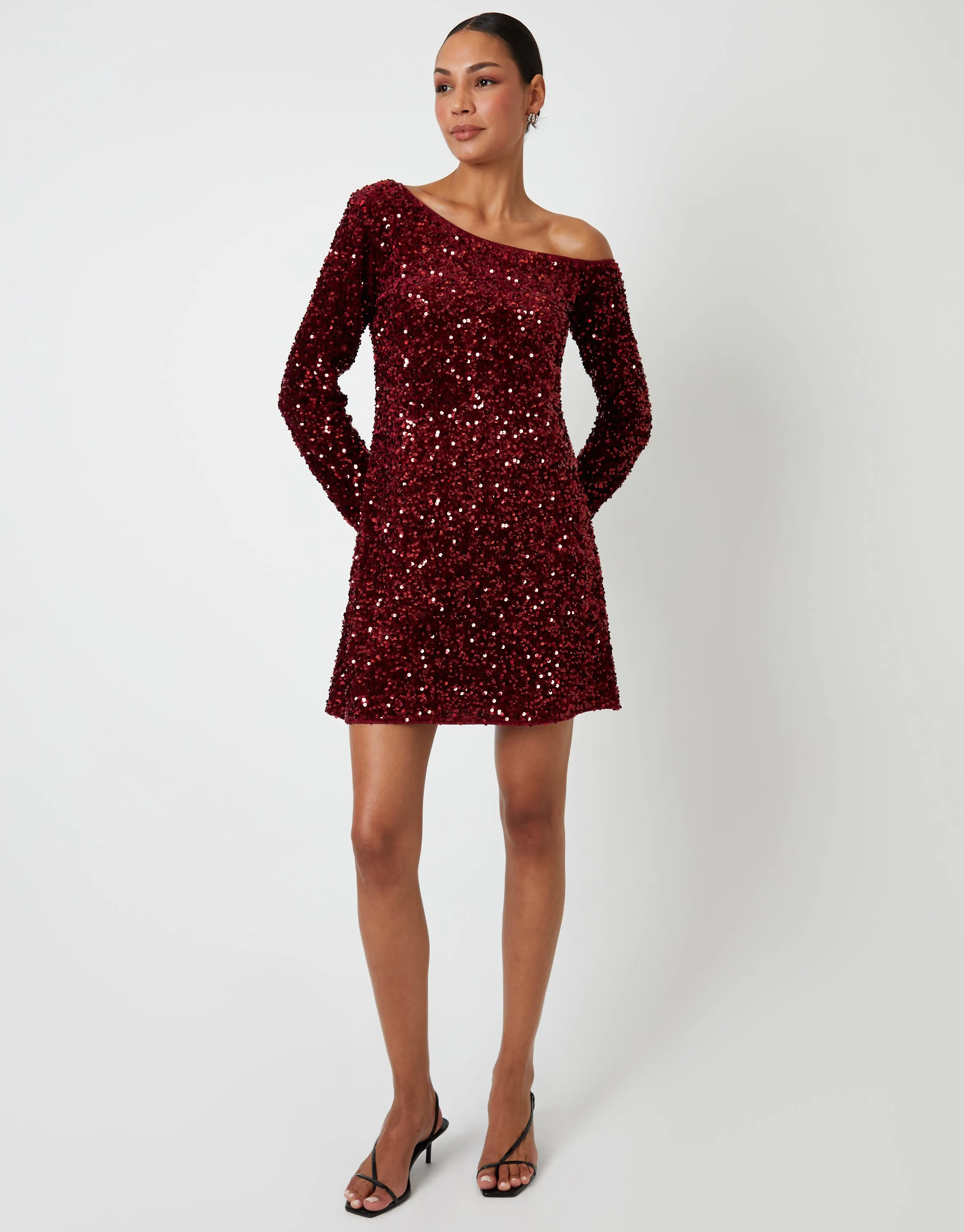 Berry Red Sequin Velour Slash Neck Mini Dress sold by Threadbare product image thumbnail 4