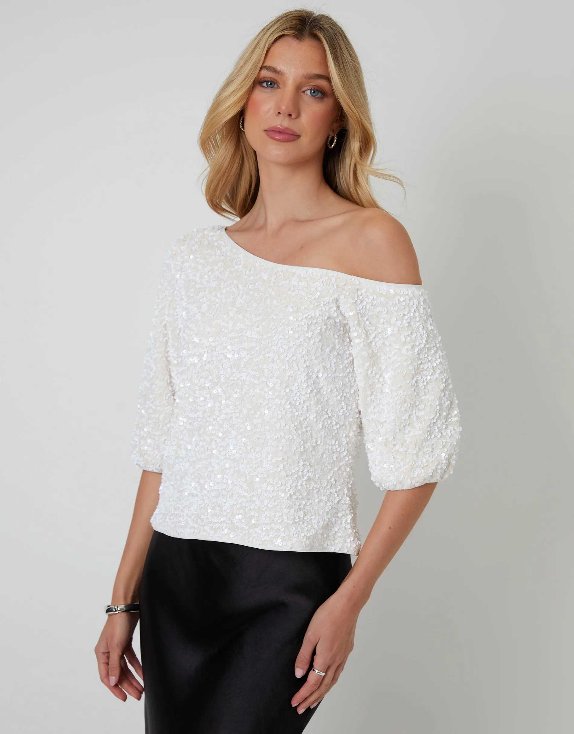 White Sequin Velour Slash Neck Top sold by Threadbare product image thumbnail 2