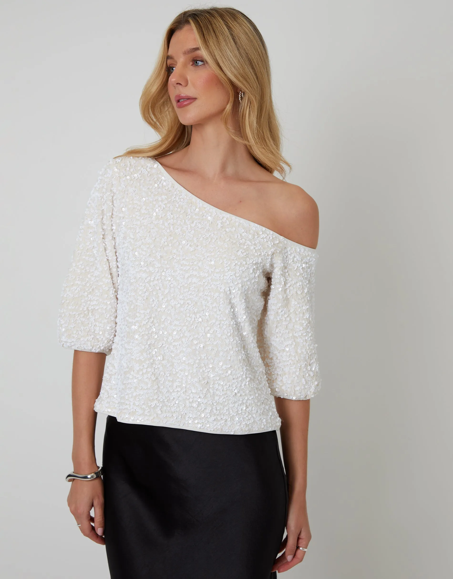 White Sequin Velour Slash Neck Top sold by Threadbare product image thumbnail 4