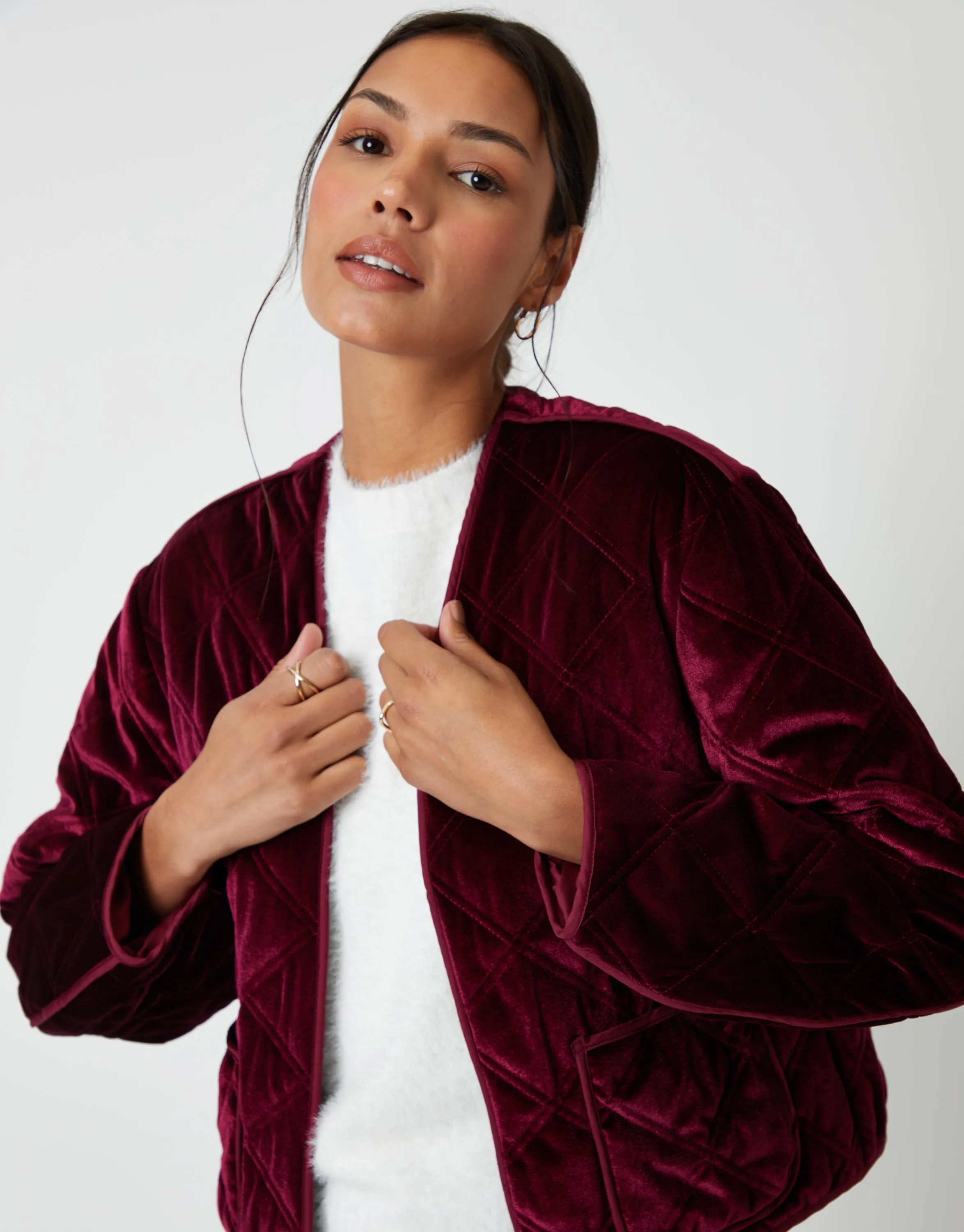 Berry Red Diamond Quilted Velvet Jacket sold by Threadbare product image thumbnail 4
