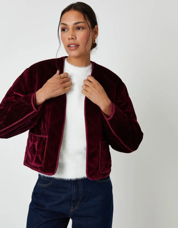 Berry Red Diamond Quilted Velvet Jacket sold by Threadbare