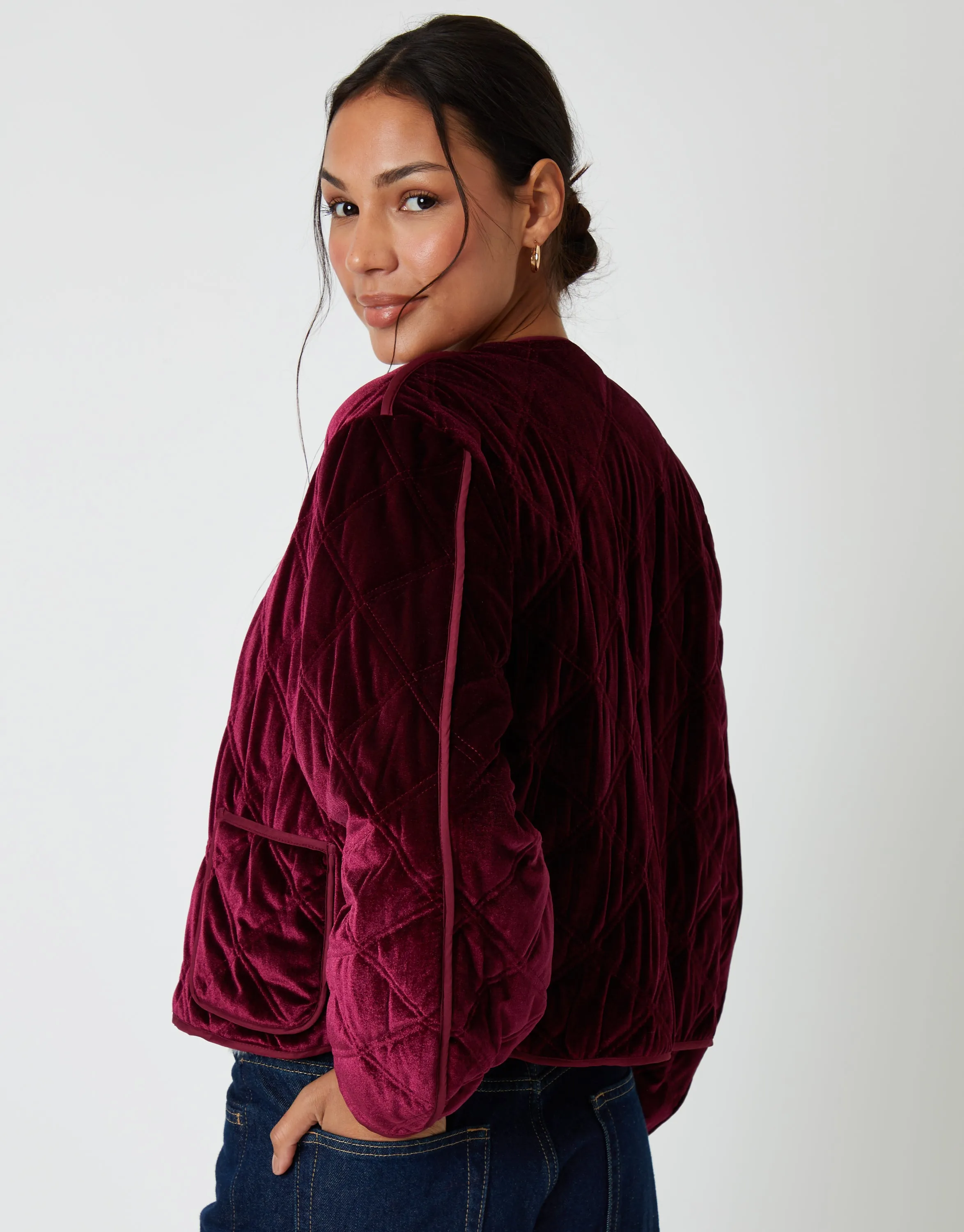 Berry Red Diamond Quilted Velvet Jacket sold by Threadbare product image thumbnail 2