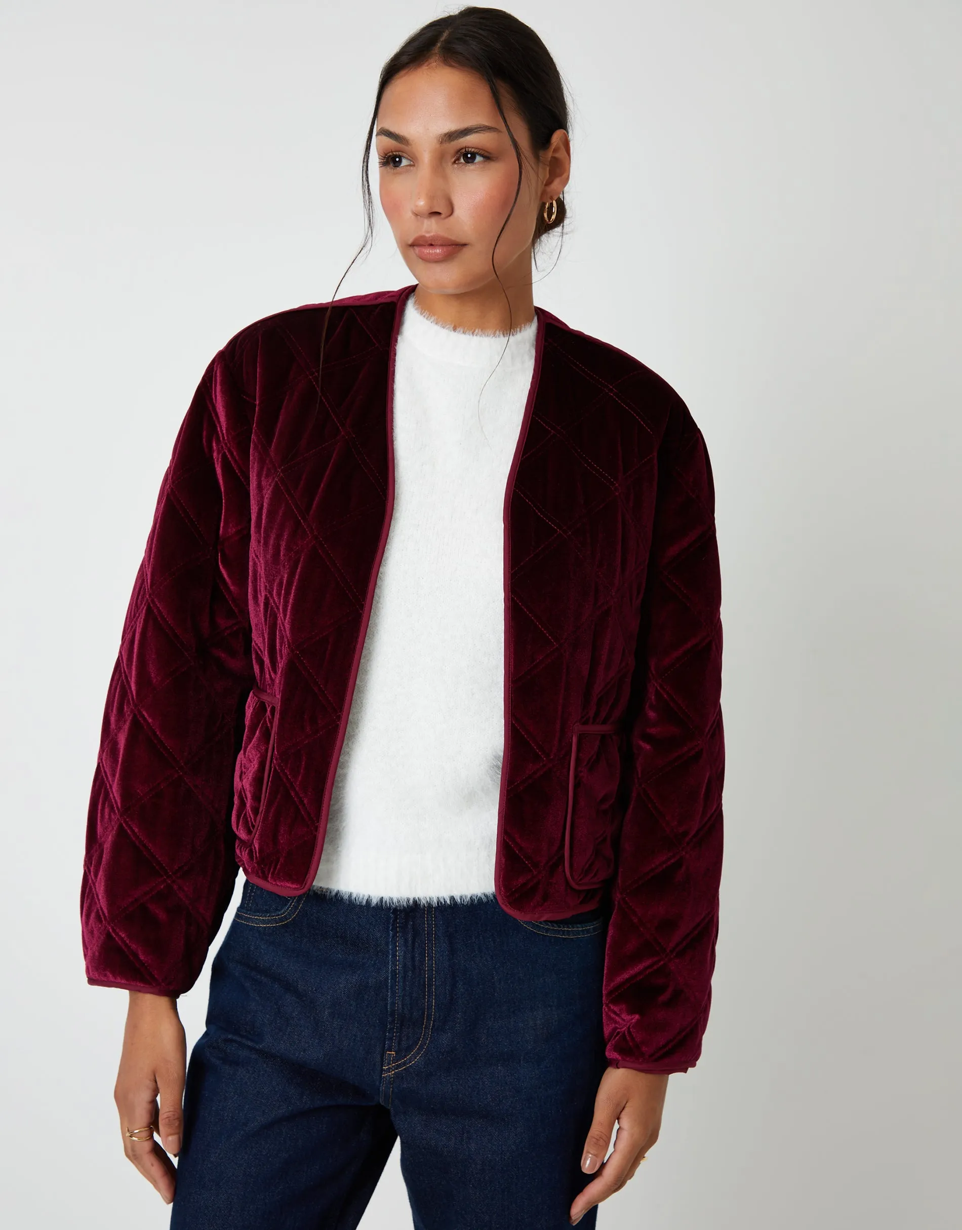 Berry Red Diamond Quilted Velvet Jacket sold by Threadbare product image thumbnail 3