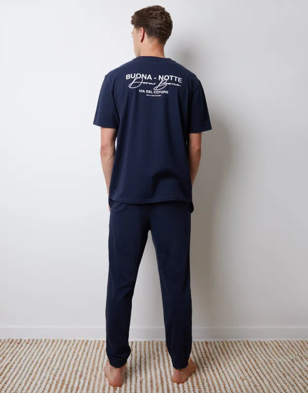 Navy Peached Cotton Graphic Lounge Set (2-Piece Set) sold by Threadbare