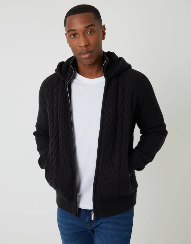 Black Cable Knit Microfleece Lined Zip Through Hoodie sold by Threadbare