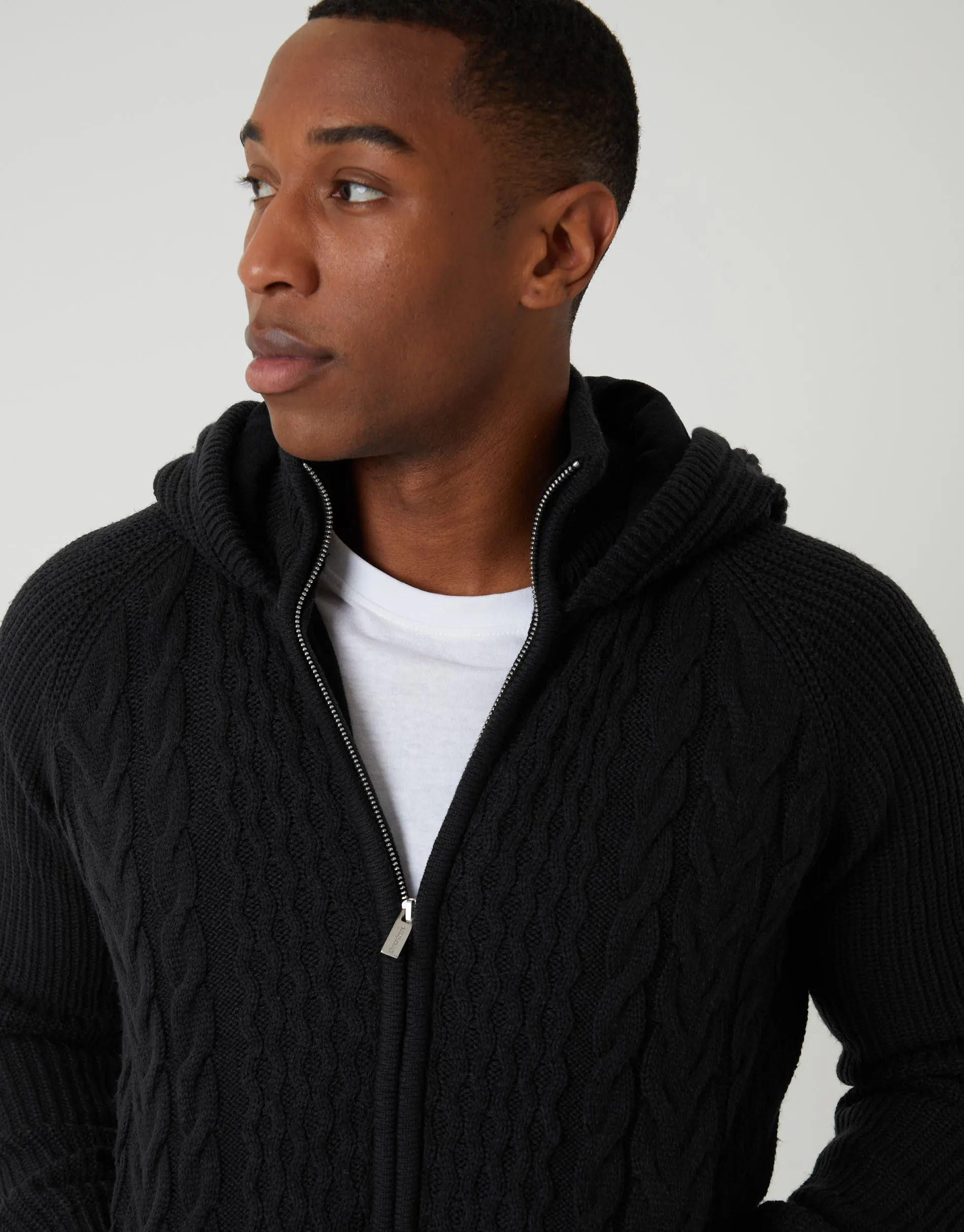 Black Cable Knit Microfleece Lined Zip Through Hoodie sold by Threadbare product image thumbnail 4