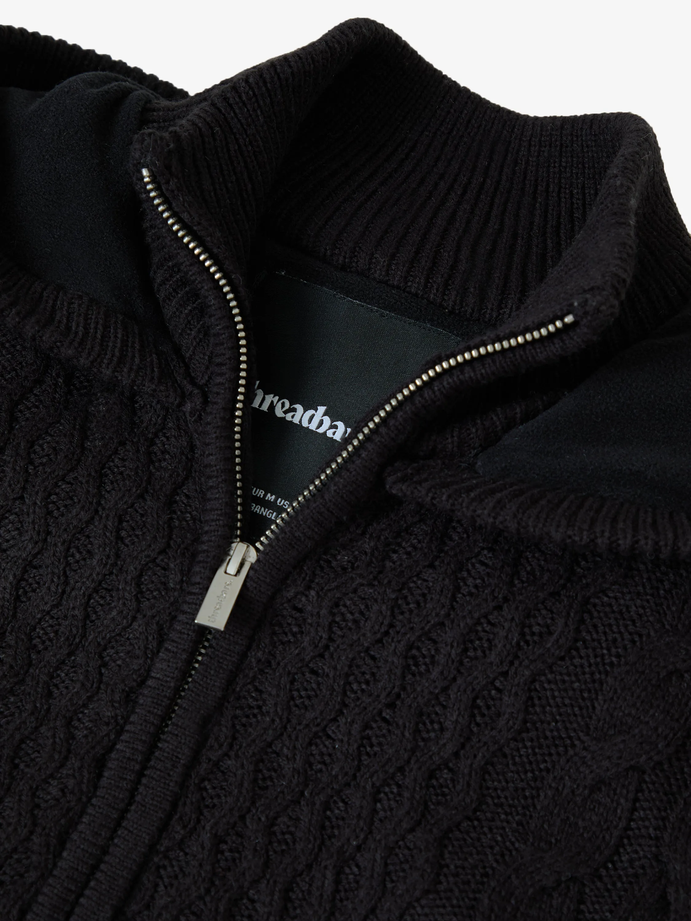 Black Cable Knit Microfleece Lined Zip Through Hoodie sold by Threadbare product image thumbnail 5