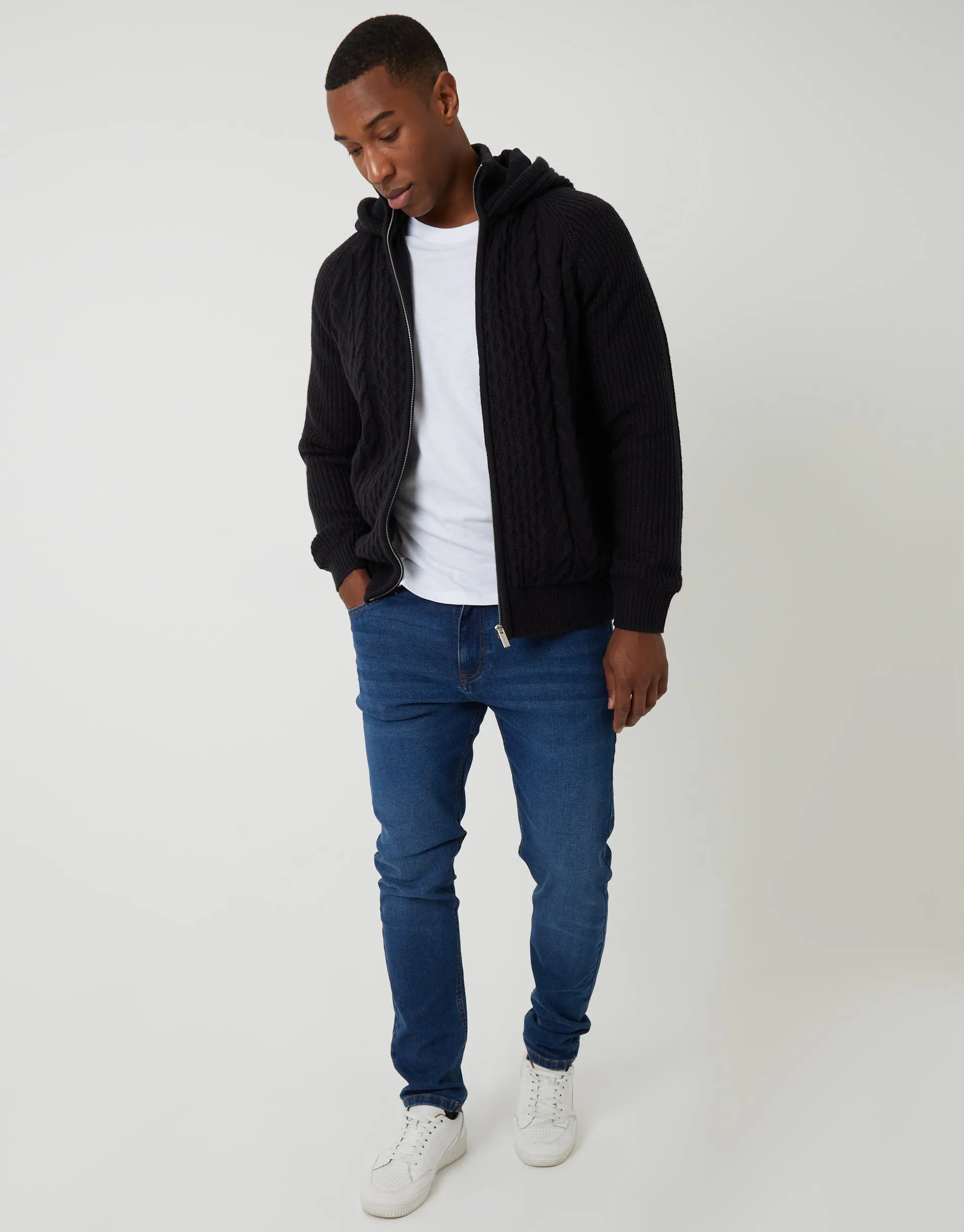 Black Cable Knit Microfleece Lined Zip Through Hoodie sold by Threadbare product image thumbnail 3