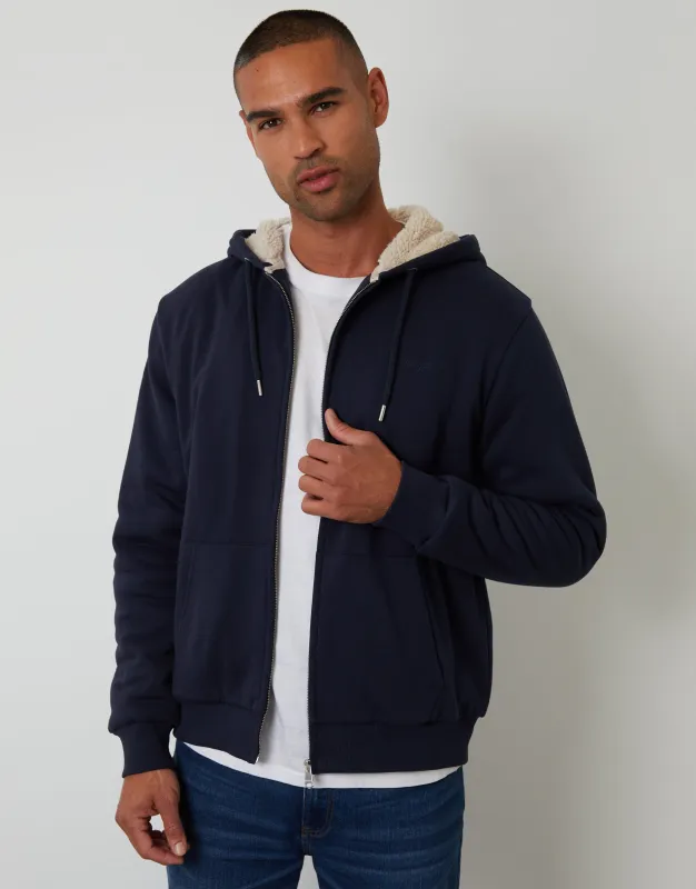 Navy Borg Lined Zip-Through Hoodie sold by Threadbare