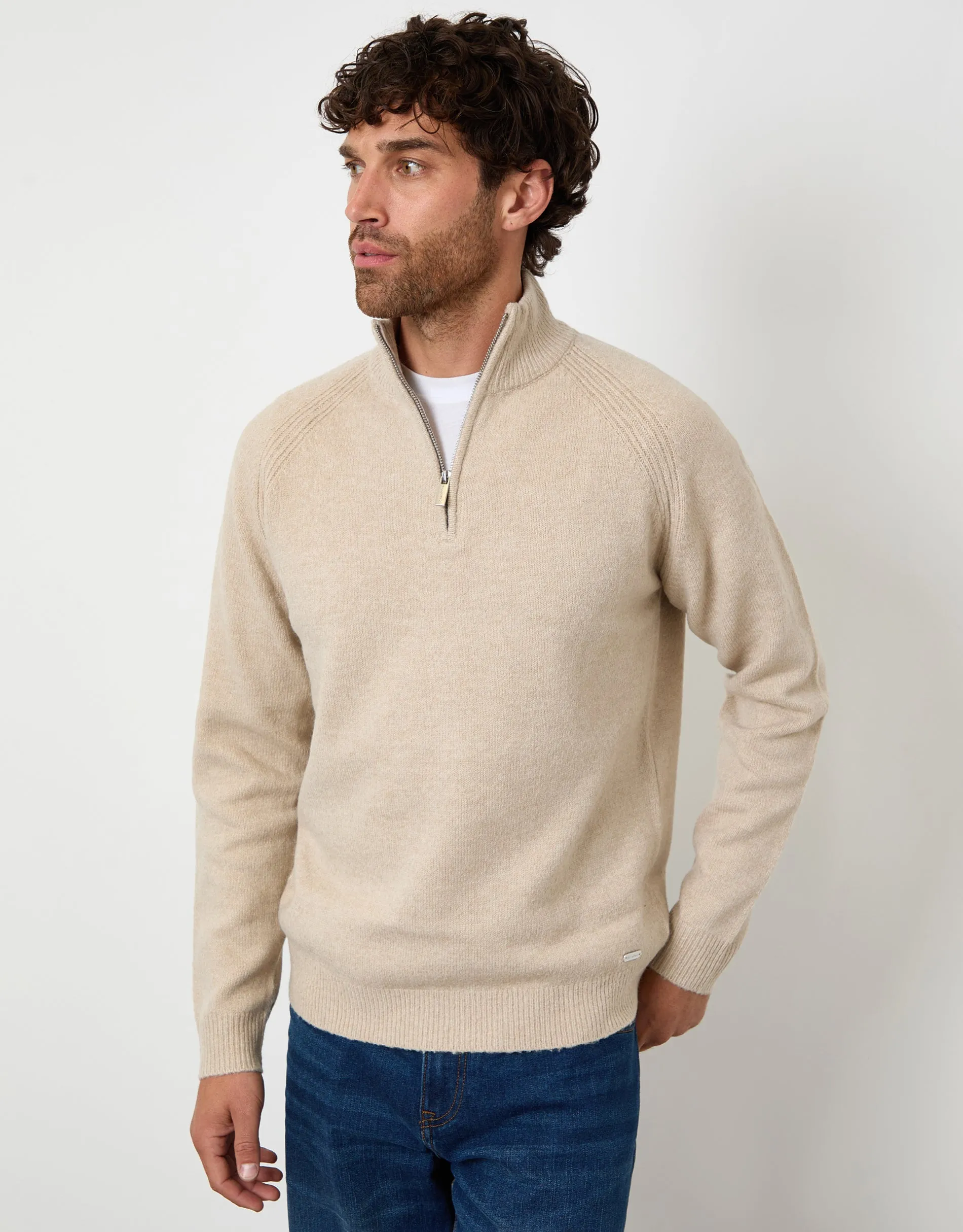 Stone Raglan Rib Quarter Zip Knitted Jumper sold by Threadbare