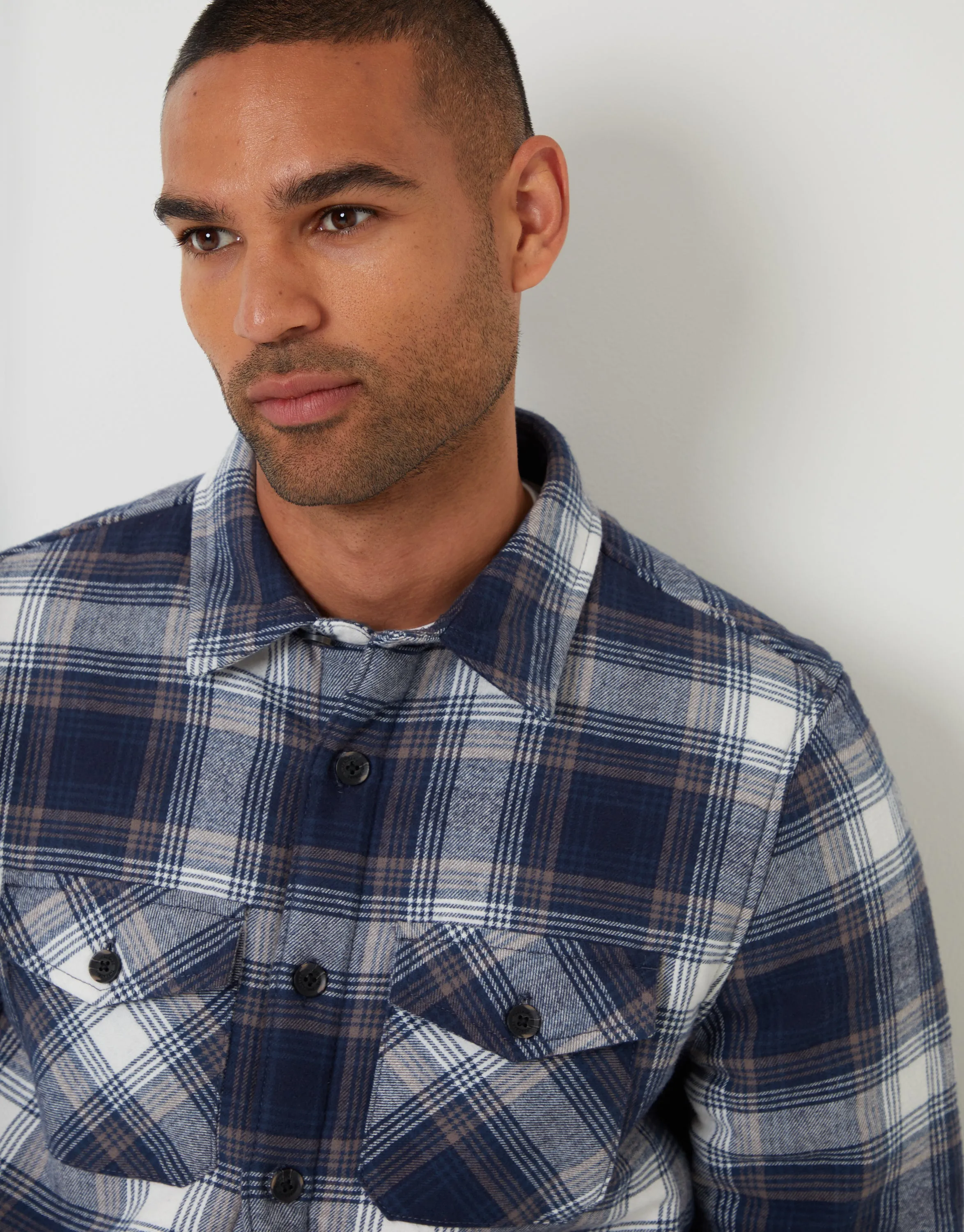 Navy Check Brushed Borg Lined Shacket sold by Threadbare product image thumbnail 4