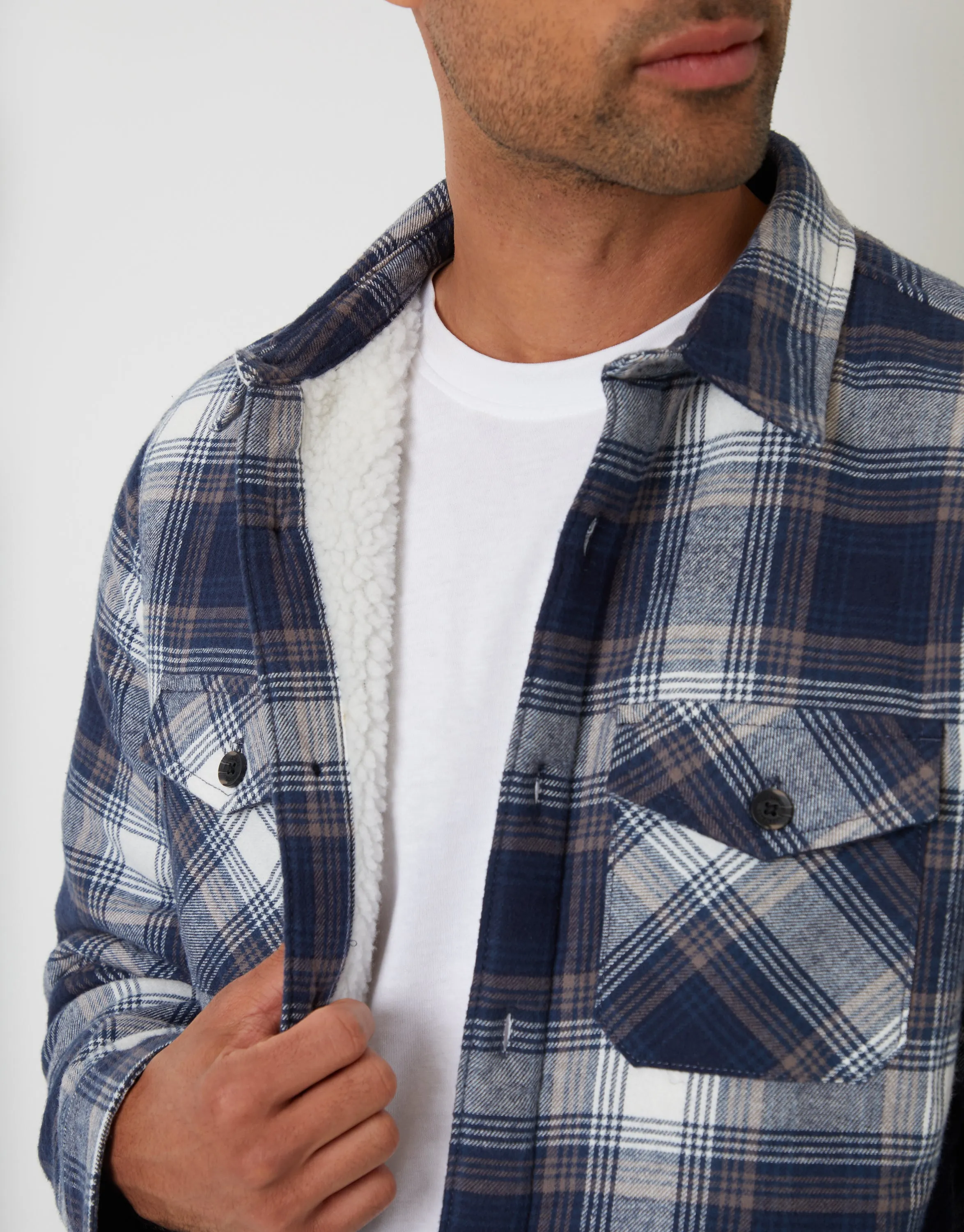 Navy Check Brushed Borg Lined Shacket sold by Threadbare product image thumbnail 5
