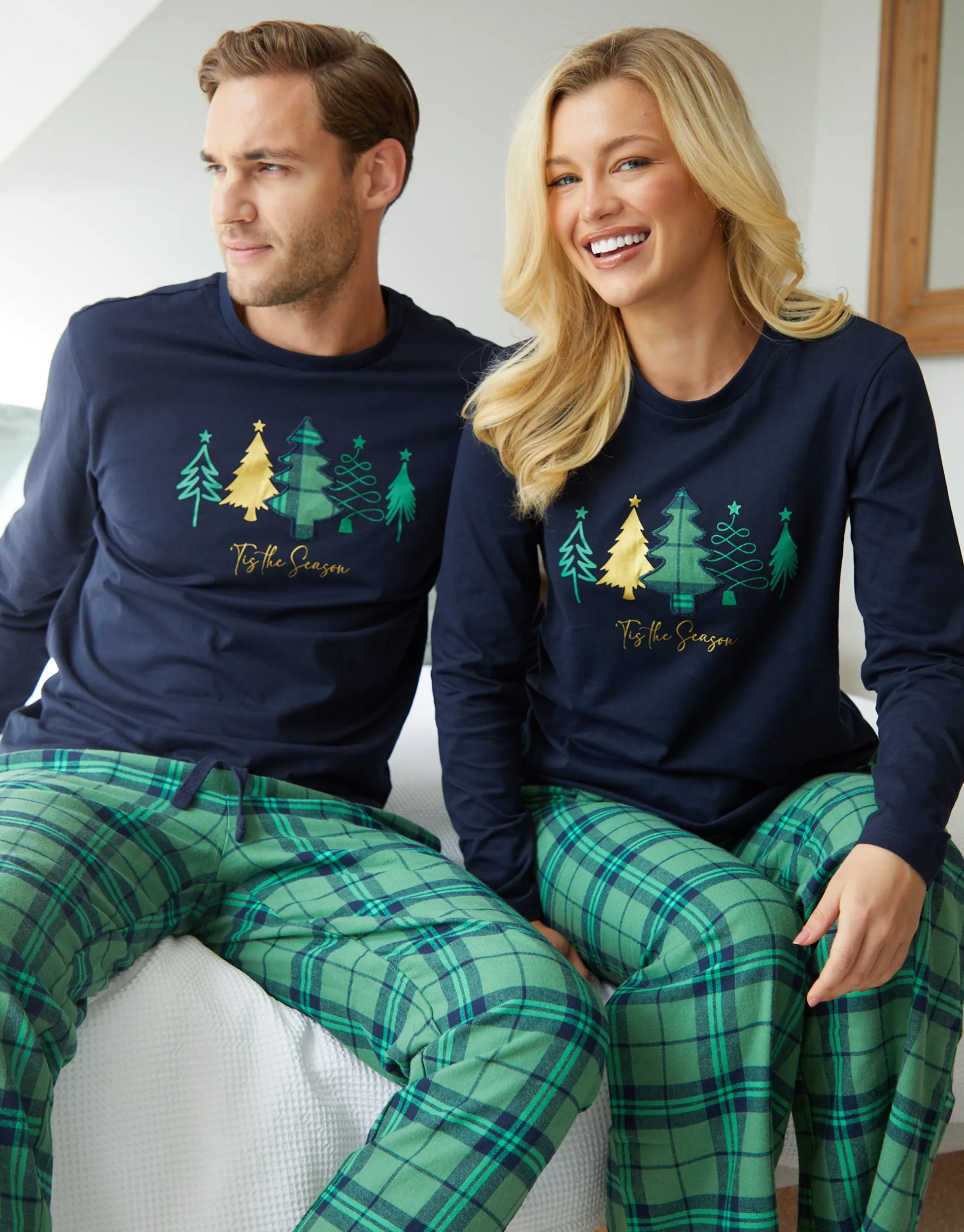 Navy Christmas Tree Graphic Print Long Pyjamas (2-Piece Set) sold by Threadbare product image thumbnail 2