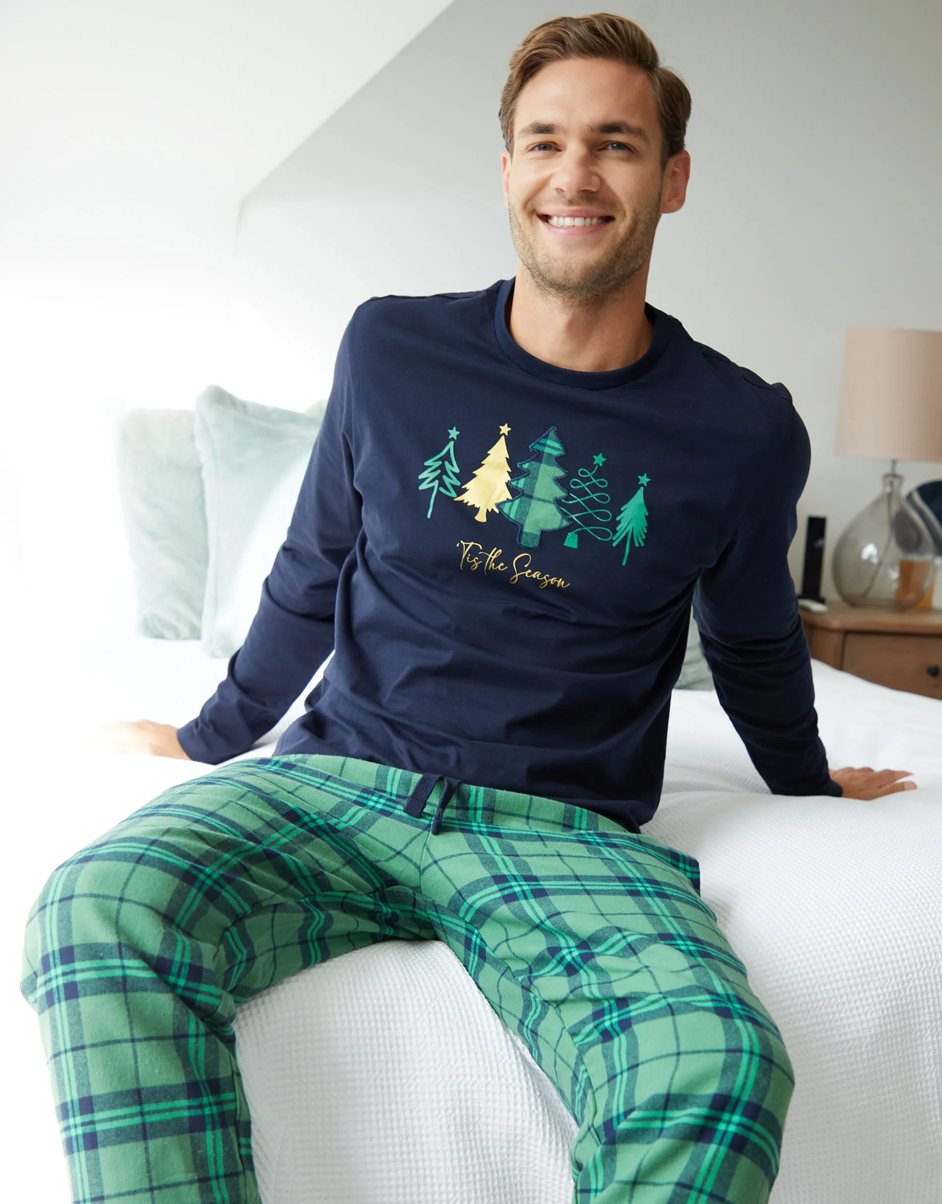 Navy Christmas Tree Graphic Print Long Pyjamas (2-Piece Set) sold by Threadbare