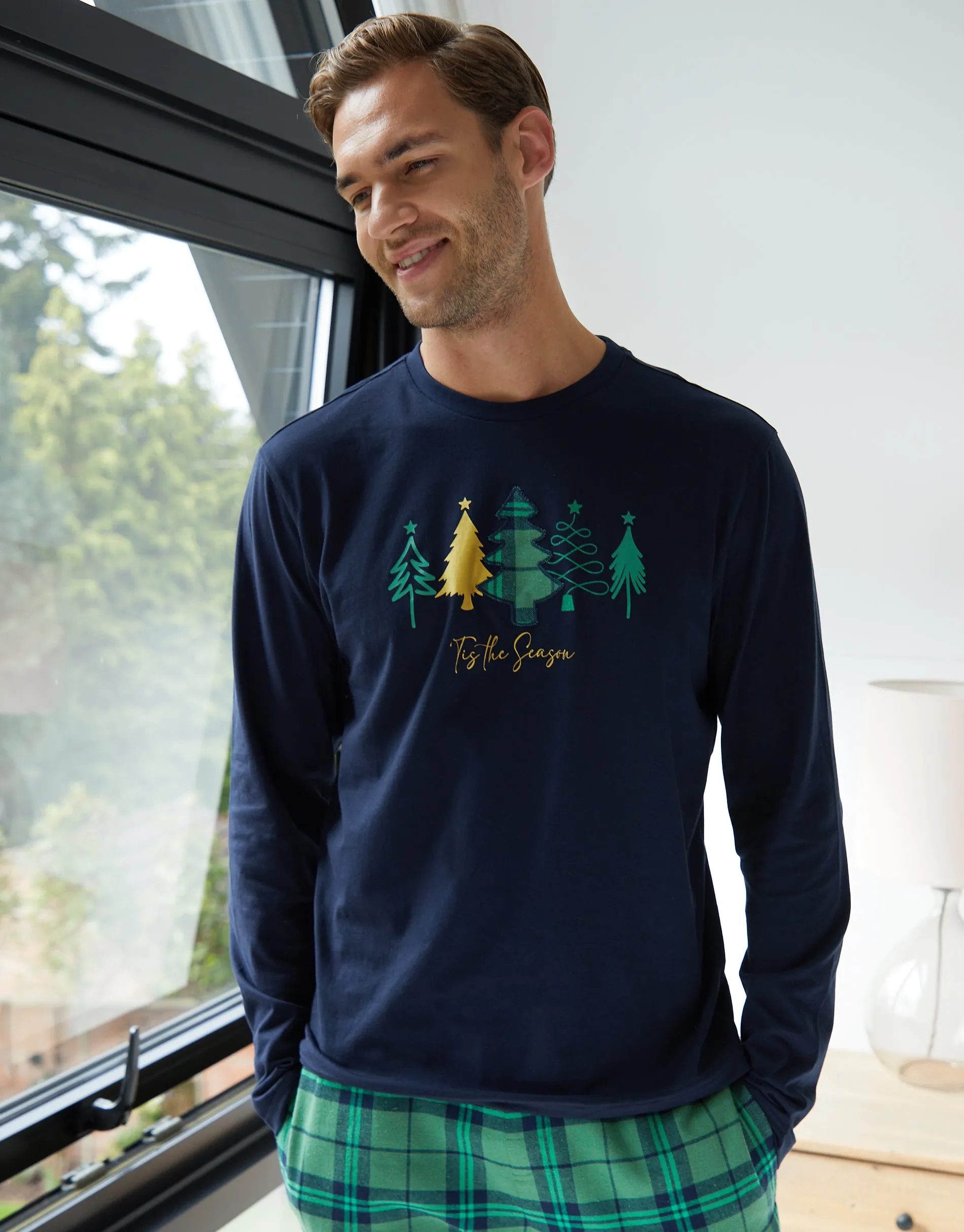 Navy Christmas Tree Graphic Print Long Pyjamas (2-Piece Set) sold by Threadbare product image thumbnail 4