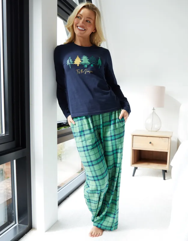 Navy Christmas Tree Graphic Print Long Pyjamas (2-Piece Set) sold by Threadbare