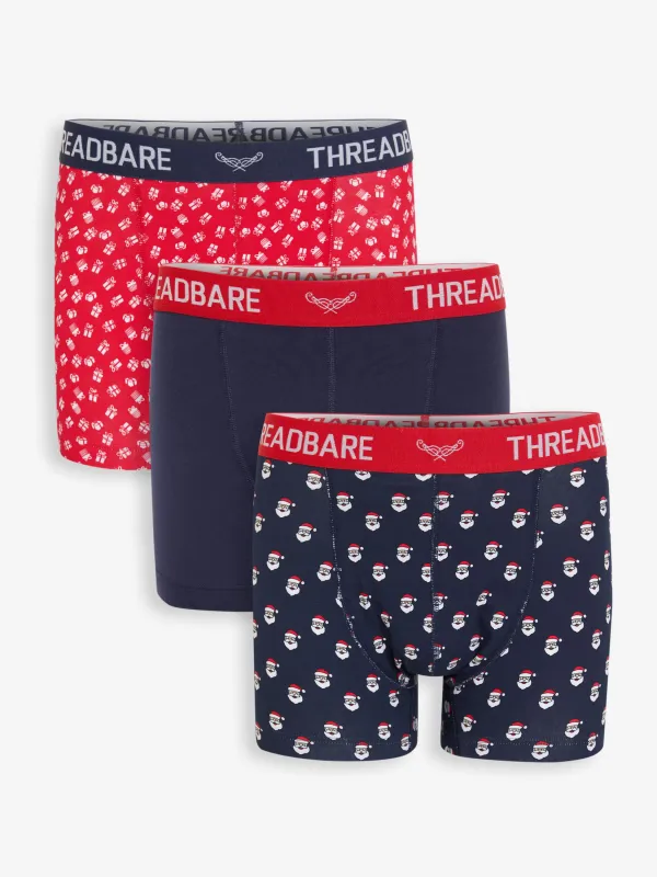 Navy Christmas Print Hipster Fit Boxer Shorts (3 Pack) sold by Threadbare