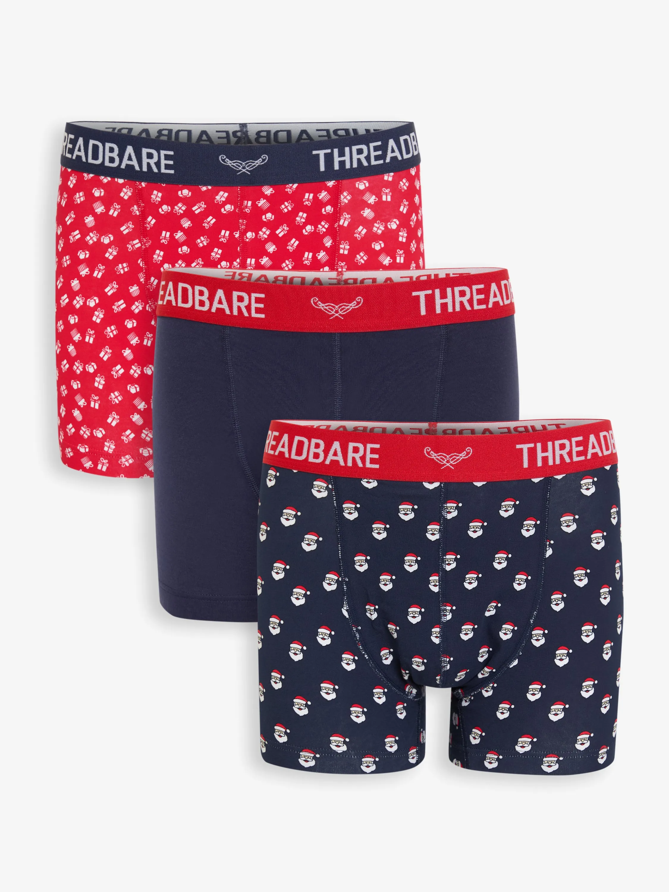 Navy Christmas Print Hipster Fit Boxer Shorts (3 Pack) sold by Threadbare