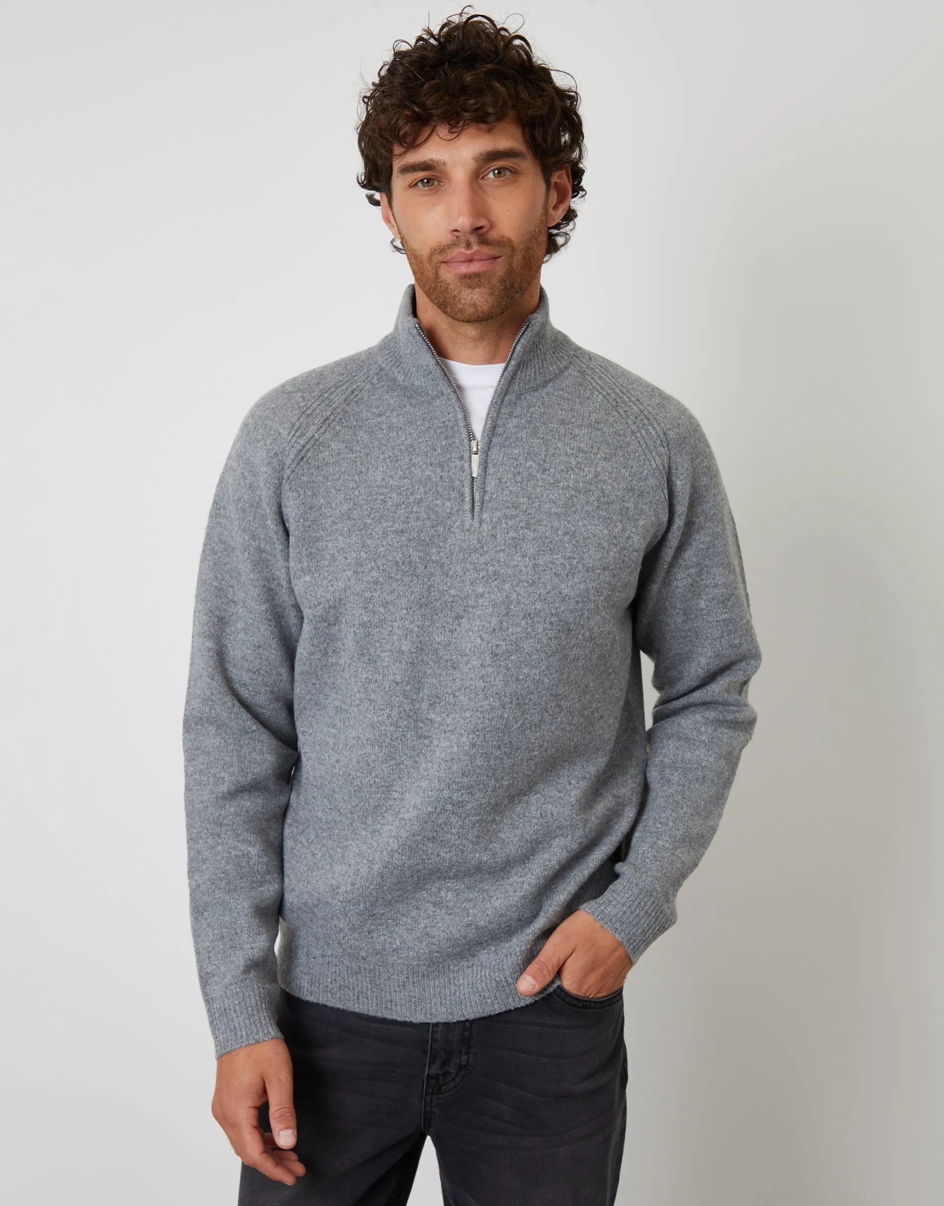 Grey Raglan Rib Quarter Zip Knitted Jumper sold by Threadbare