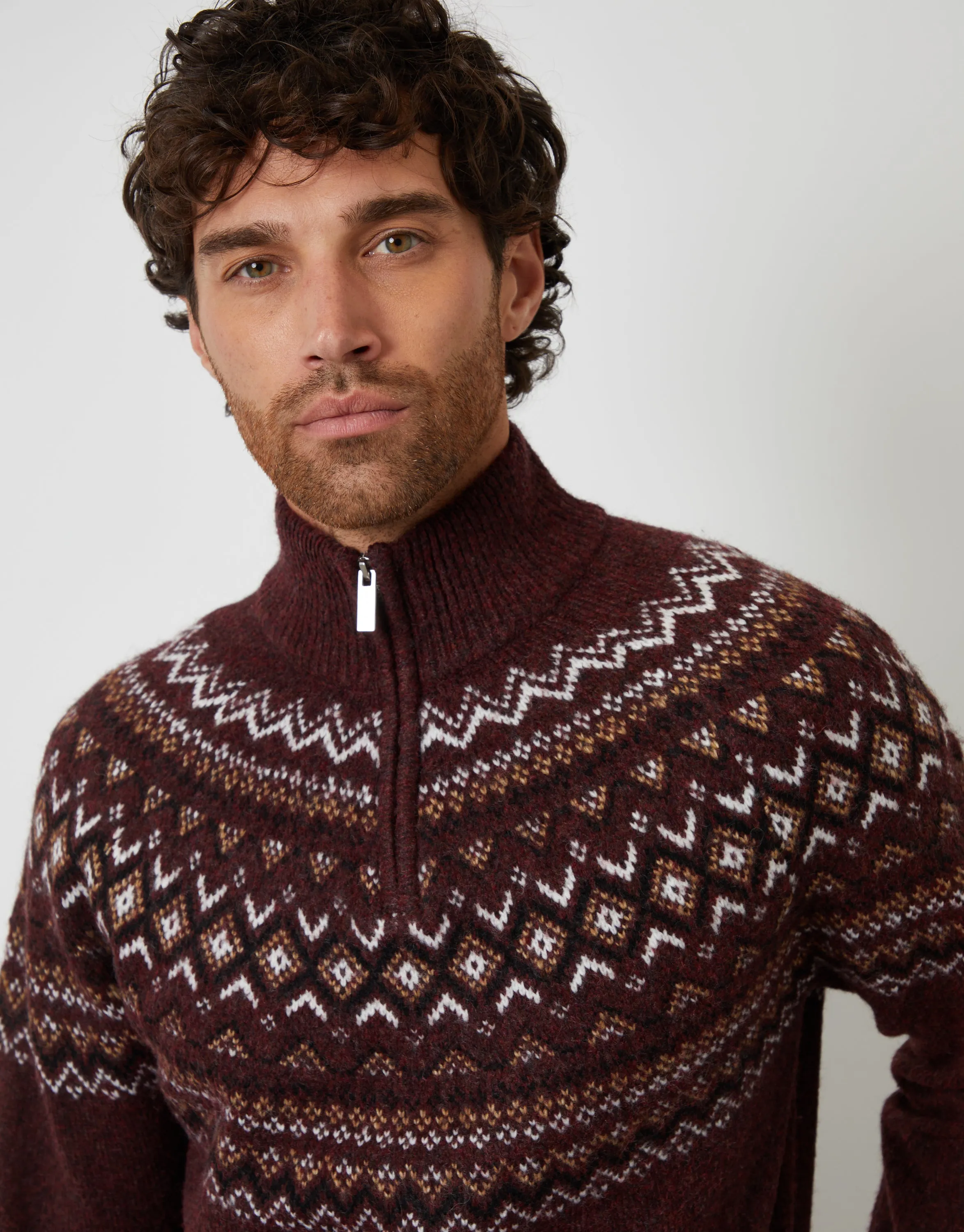 Burgundy Fairisle Quarter Zip Knitted Jumper sold by Threadbare product image thumbnail 5