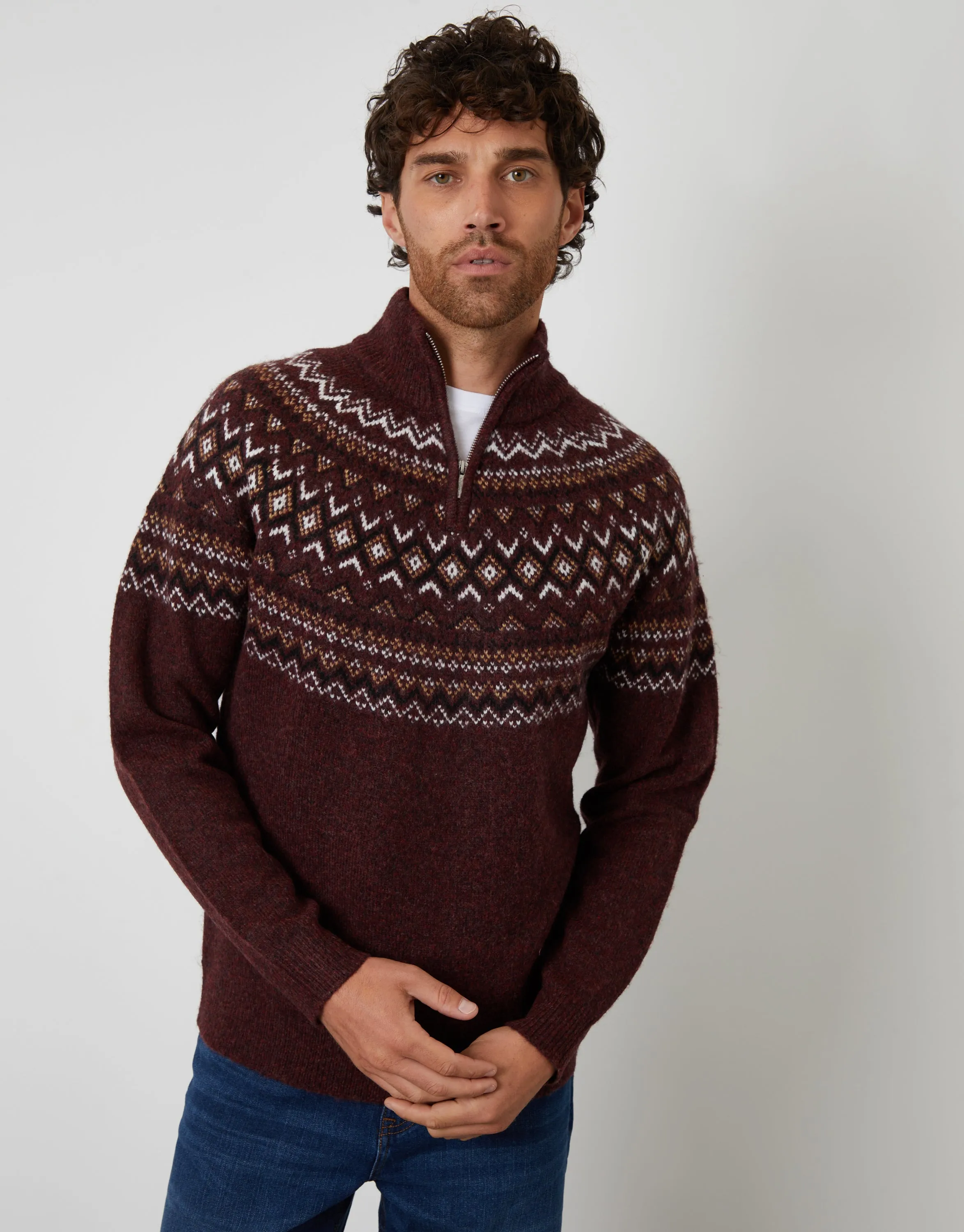 Burgundy Fairisle Quarter Zip Knitted Jumper sold by Threadbare product image thumbnail 2