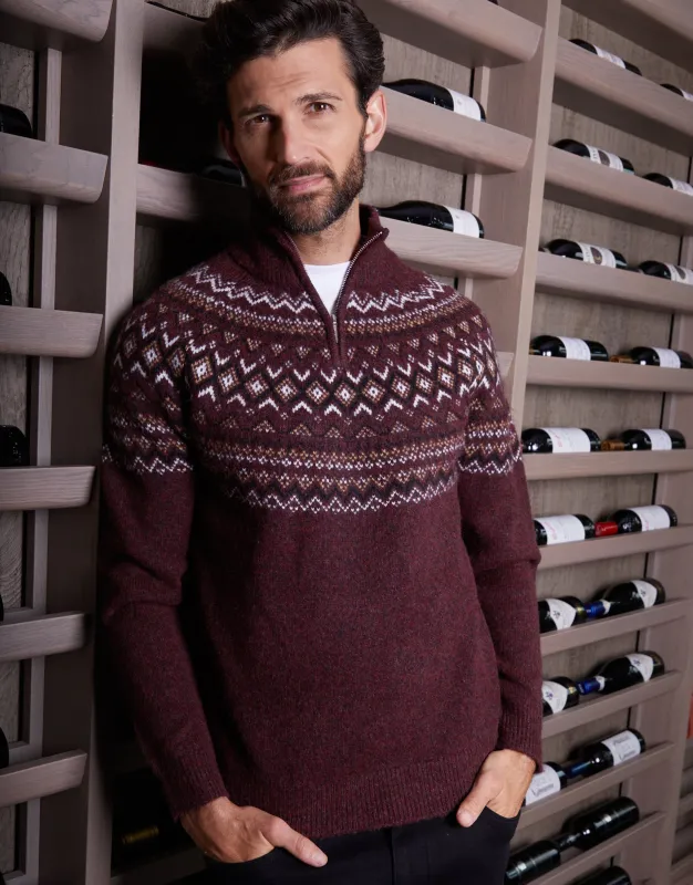 Burgundy Fairisle Quarter Zip Knitted Jumper sold by Threadbare