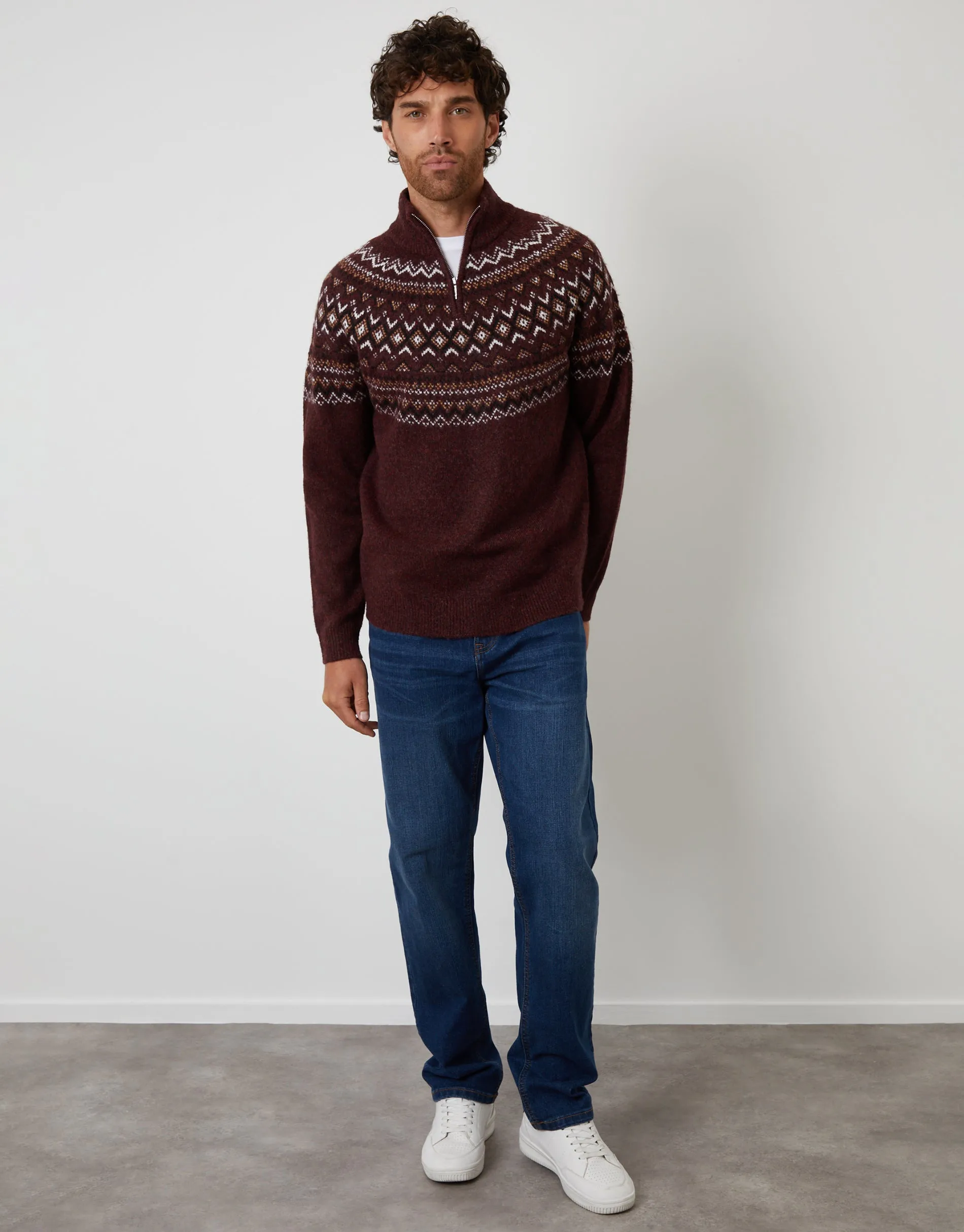 Burgundy Fairisle Quarter Zip Knitted Jumper sold by Threadbare product image thumbnail 4