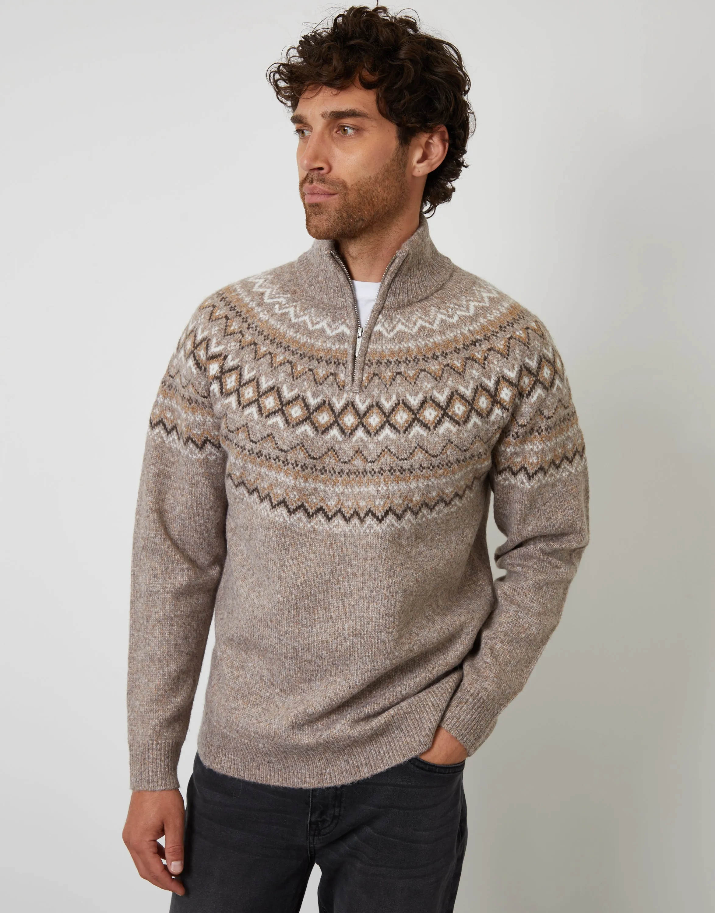 Taupe Fairisle Quarter Zip Knitted Jumper sold by Threadbare product image thumbnail 2