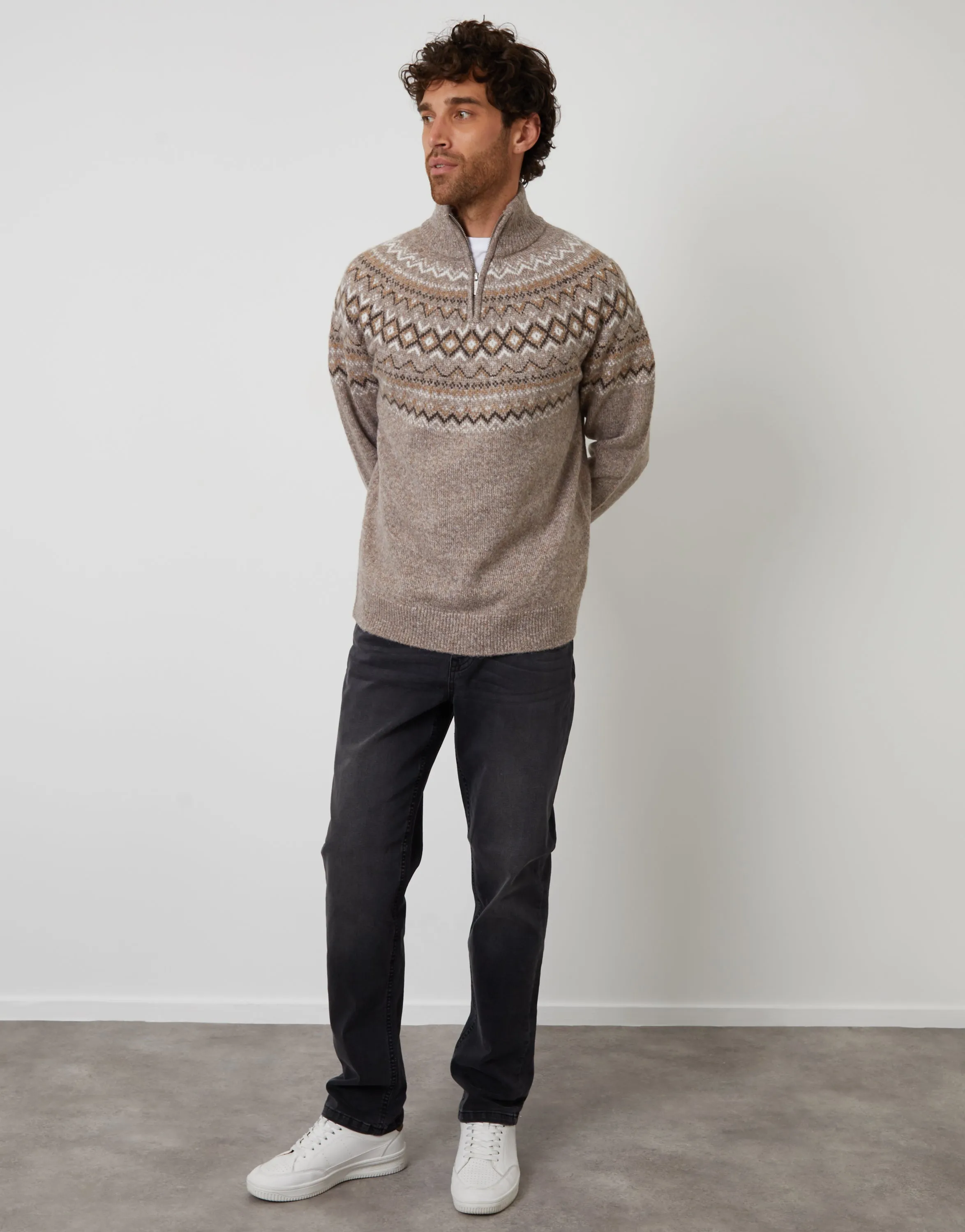 Taupe Fairisle Quarter Zip Knitted Jumper sold by Threadbare product image thumbnail 4