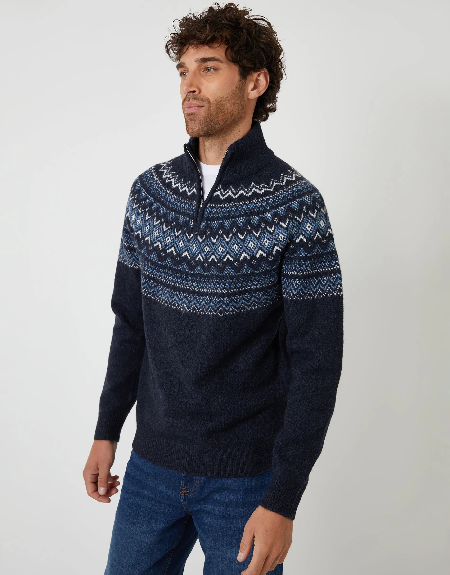 Navy Fairisle Quarter Zip Knitted Jumper sold by Threadbare